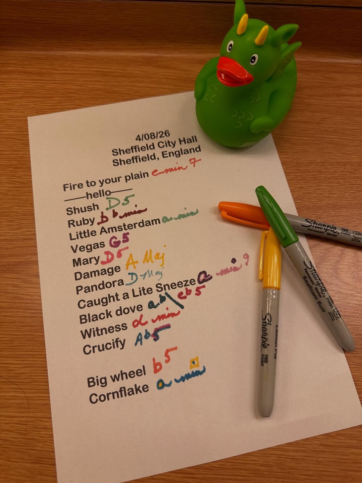 Handwritten setlist for City Hall, April 8, 2026