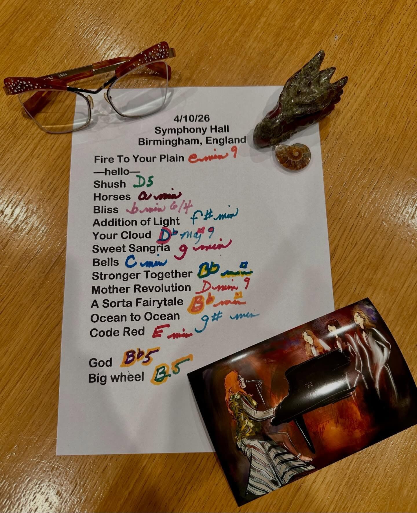 Handwritten setlist for Symphony Hall, April 10, 2026