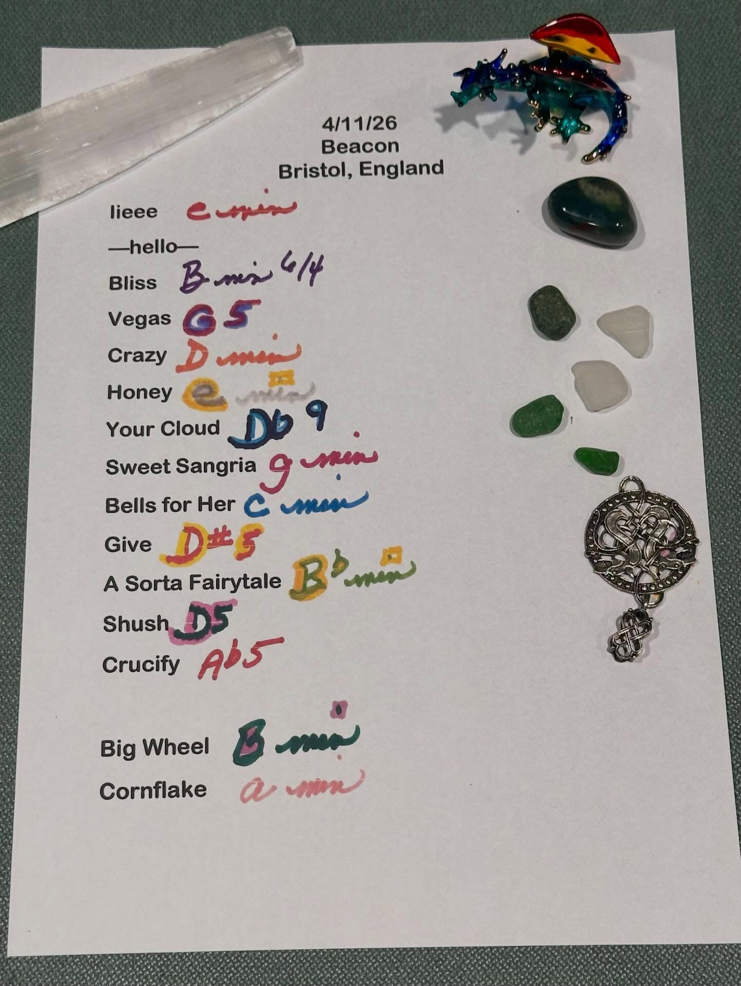 Handwritten setlist for Beacon, April 11, 2026