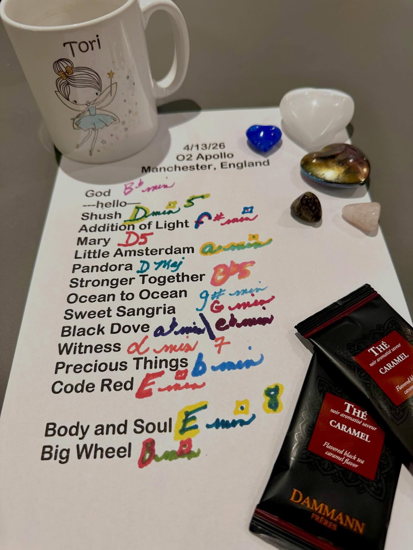 Handwritten setlist for Apollo, April 13, 2026