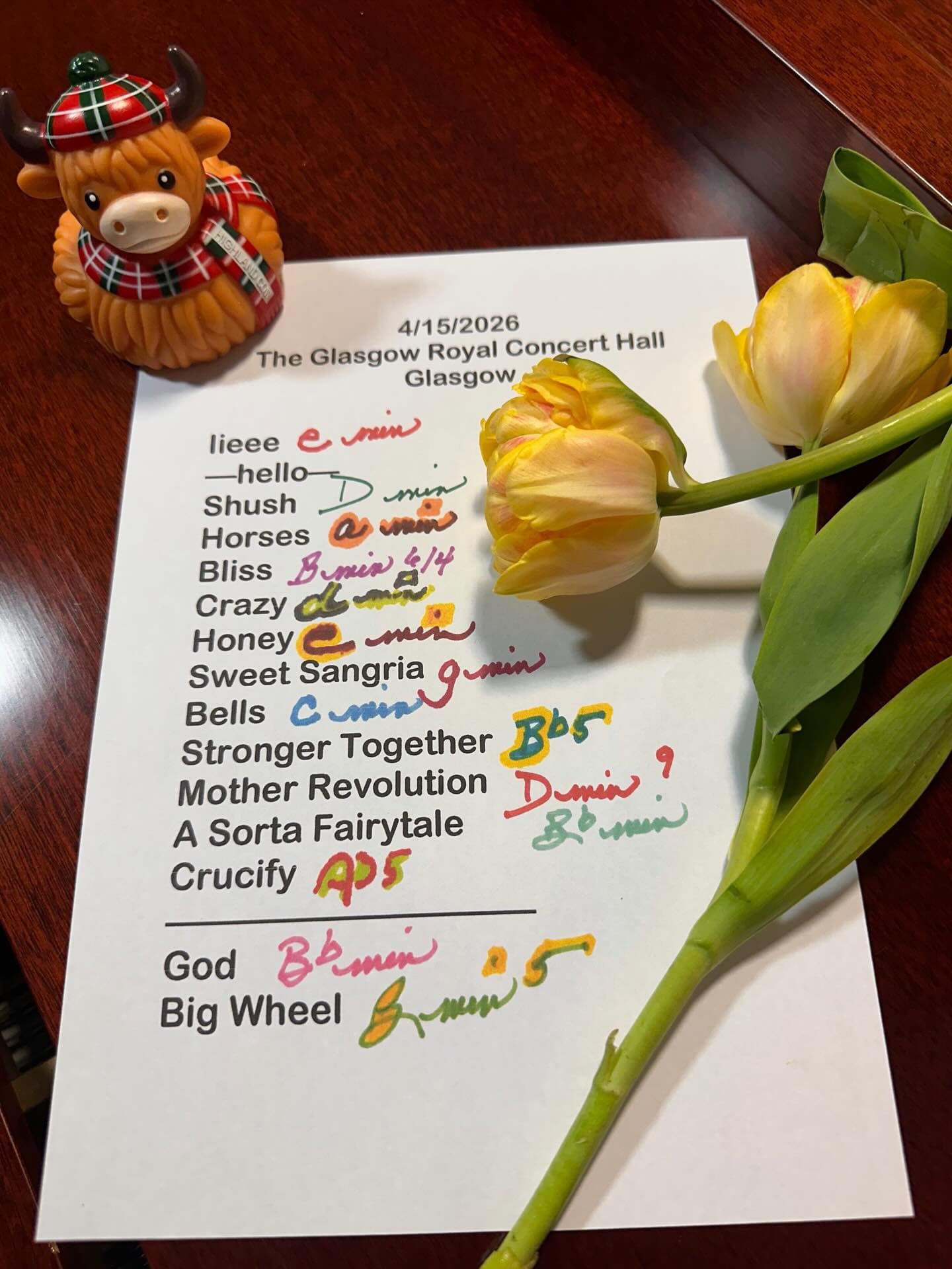 Handwritten setlist for Royal Concert Hall, April 15, 2026
