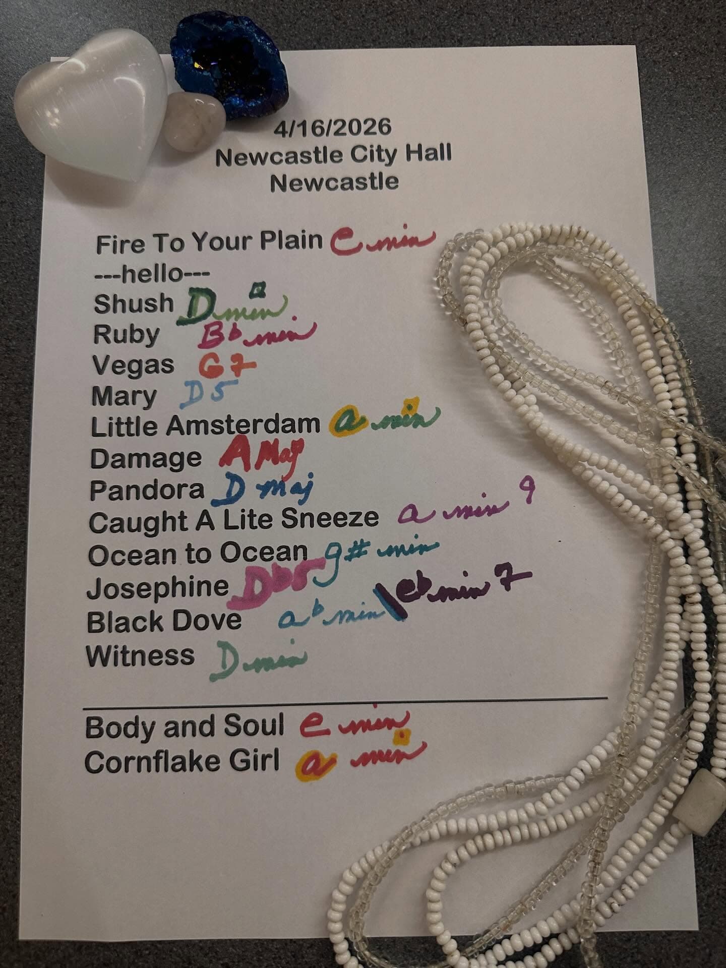 Handwritten setlist for City Hall, April 16, 2026