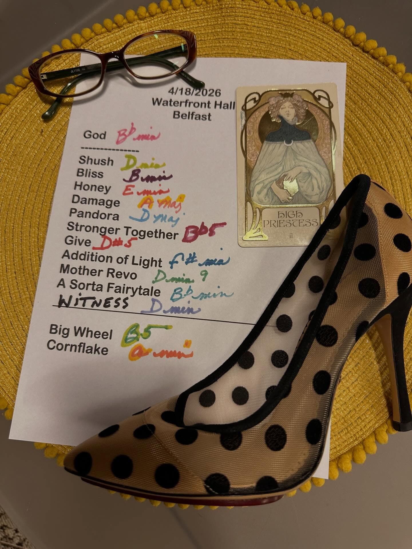 Handwritten setlist for Waterfront Hall, April 18, 2026