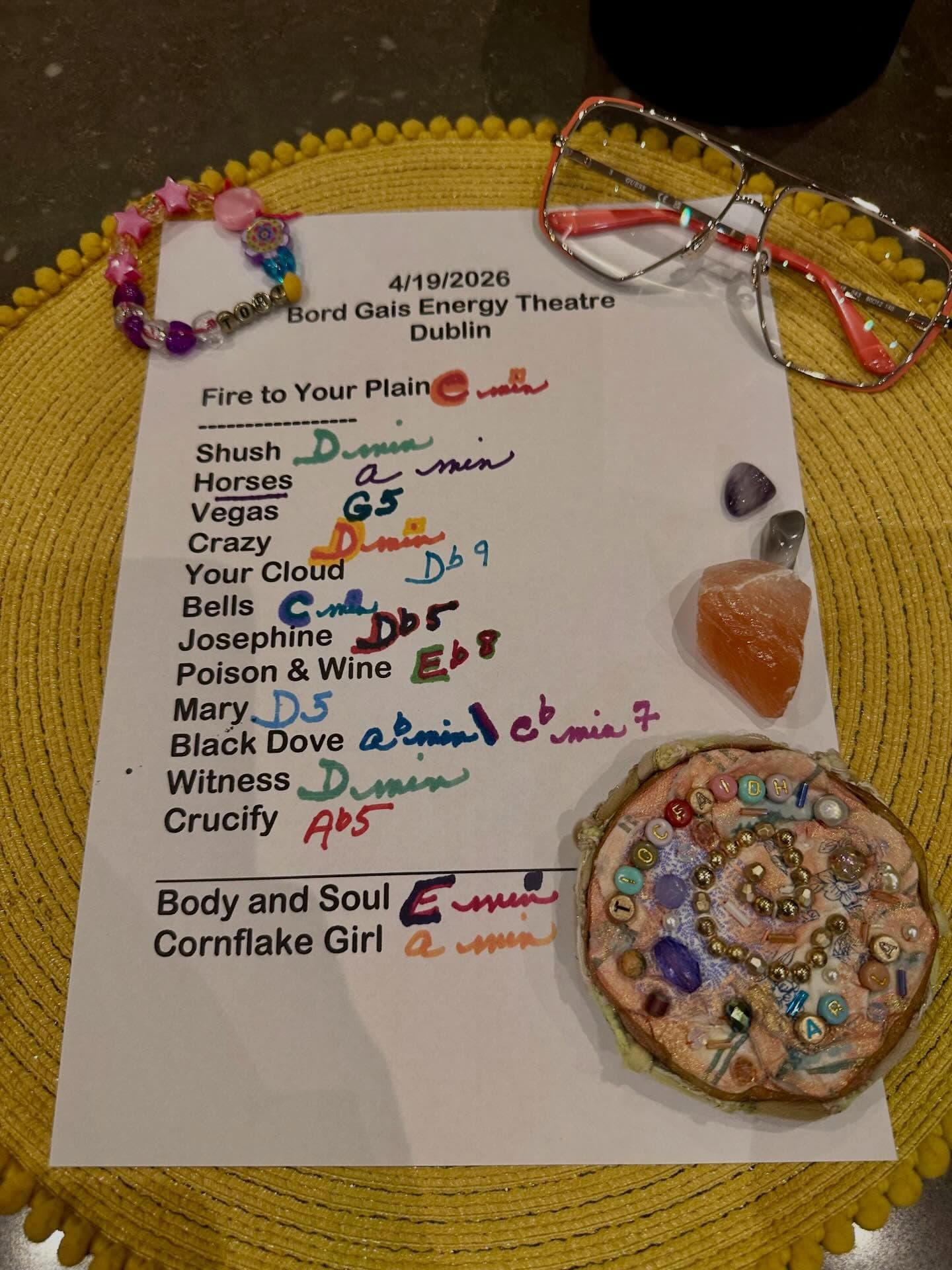 Handwritten setlist for Bord Gais, April 19, 2026