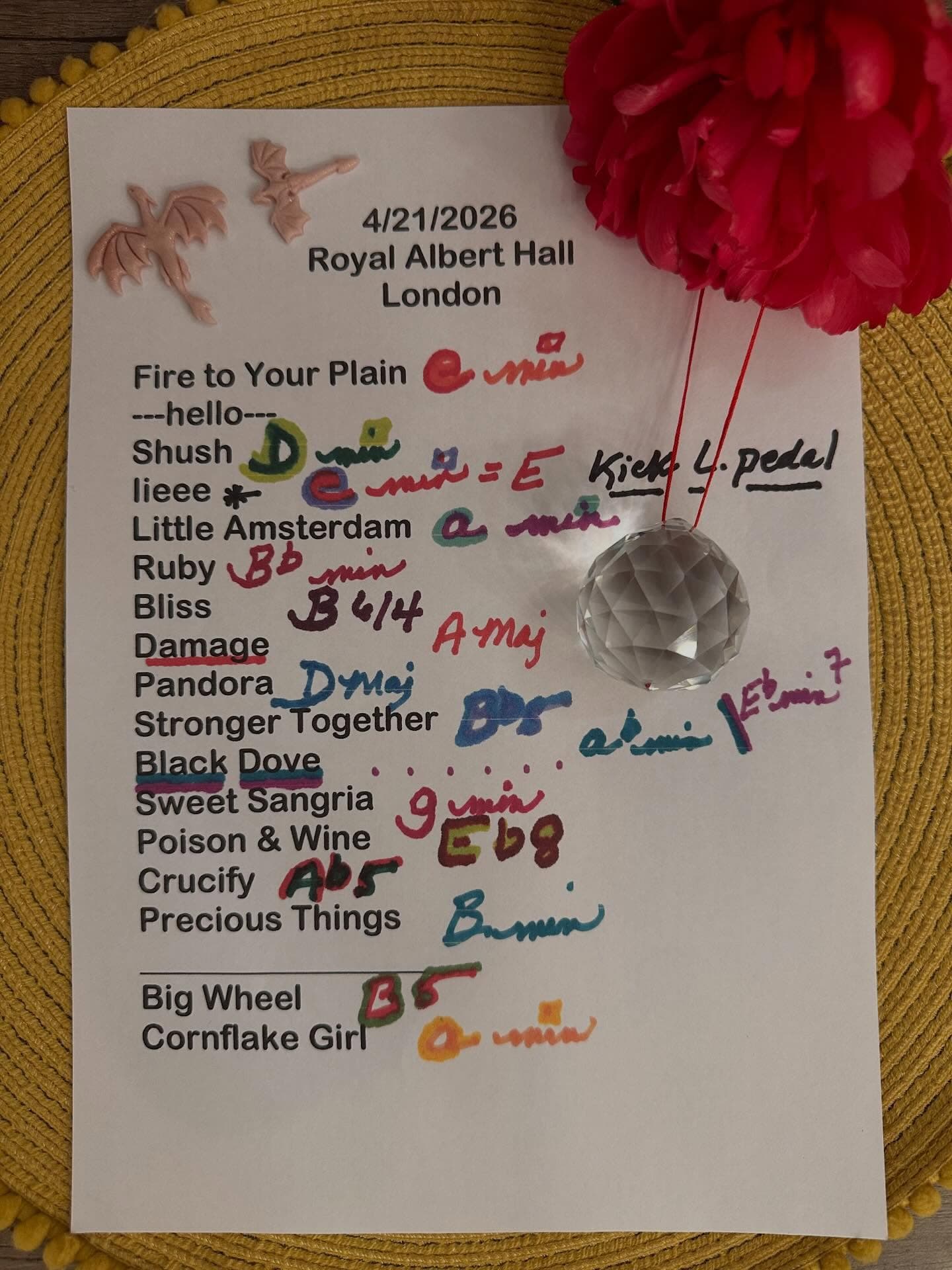 Handwritten setlist for Royal Albert Hall, April 21, 2026