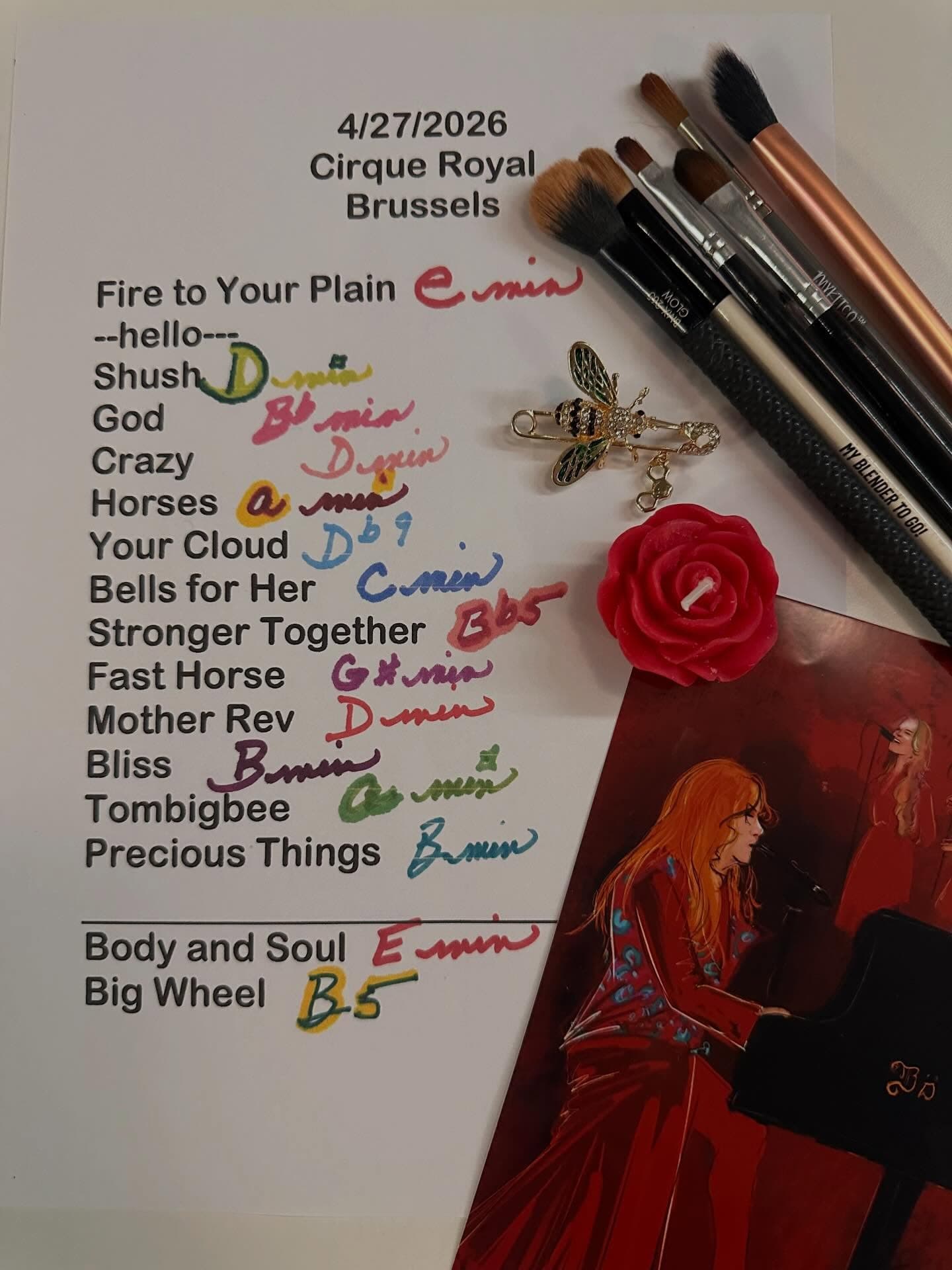 Handwritten setlist for Cirque Royale, April 27, 2026
