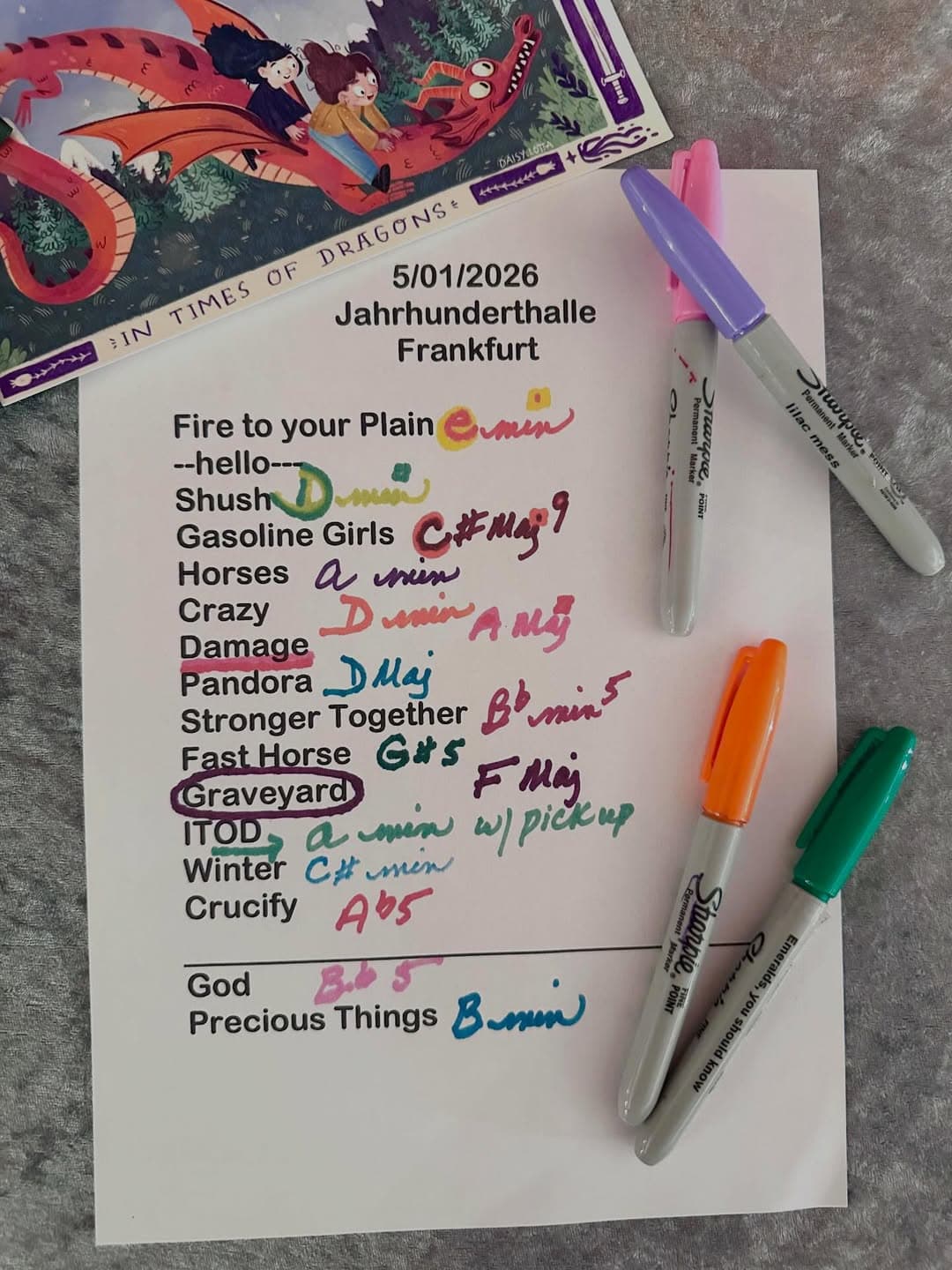 Handwritten setlist for Jahrhunderthalle, May 1, 2026