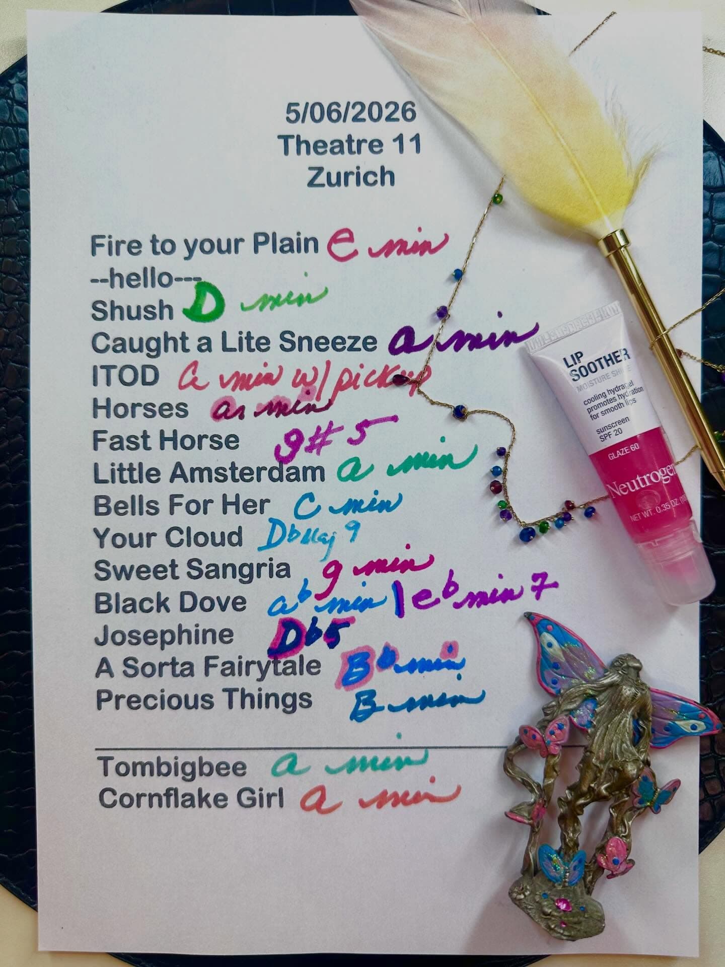 Handwritten setlist for Theater 11, May 6, 2026