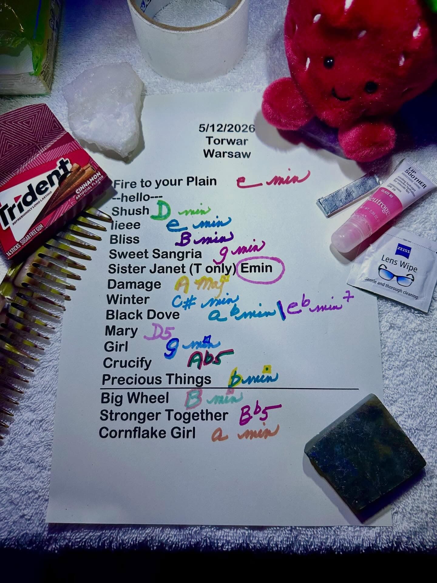 Handwritten setlist for Torwar, May 12, 2026