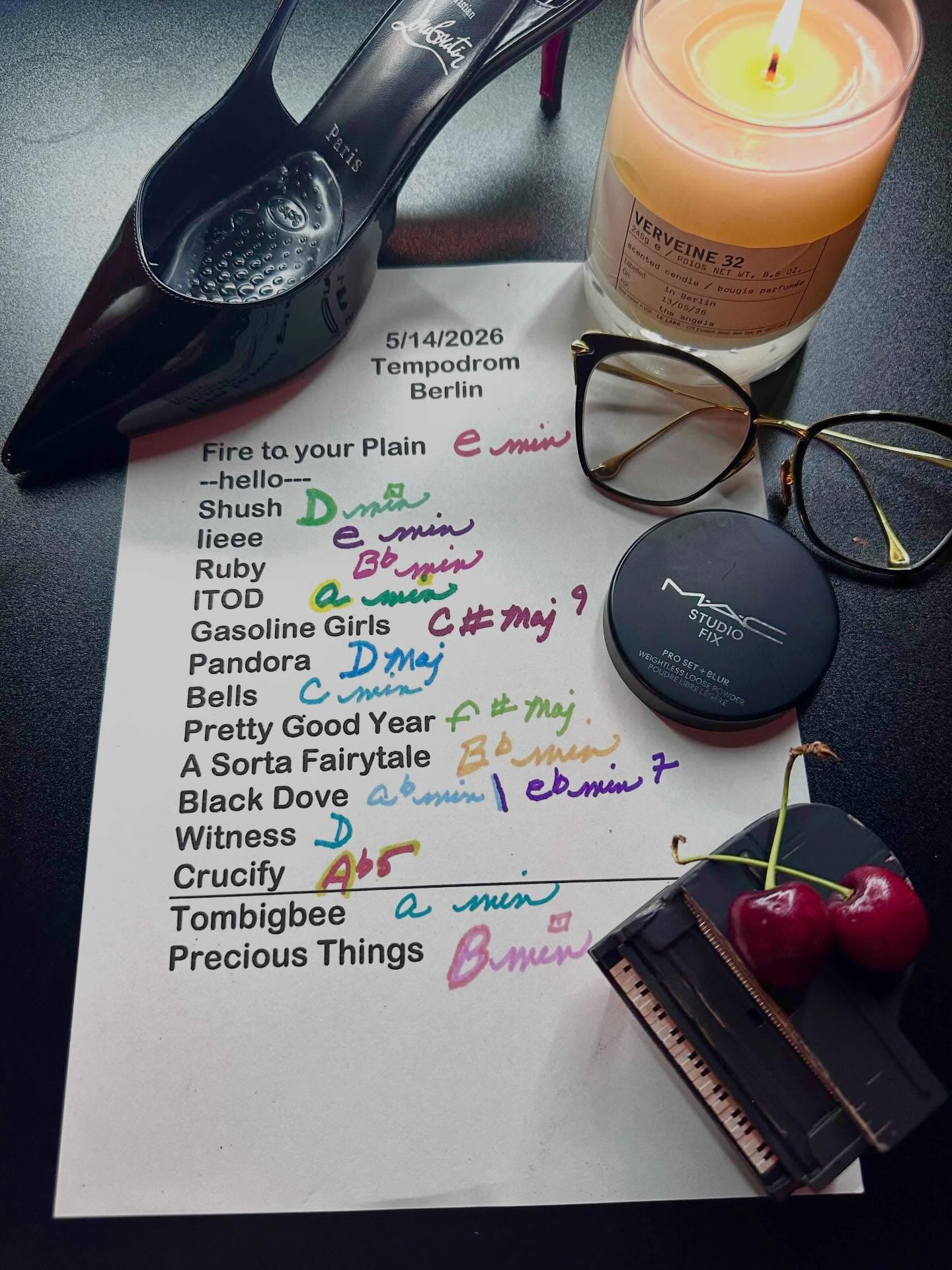 Handwritten setlist for Tempodrom, May 14, 2026