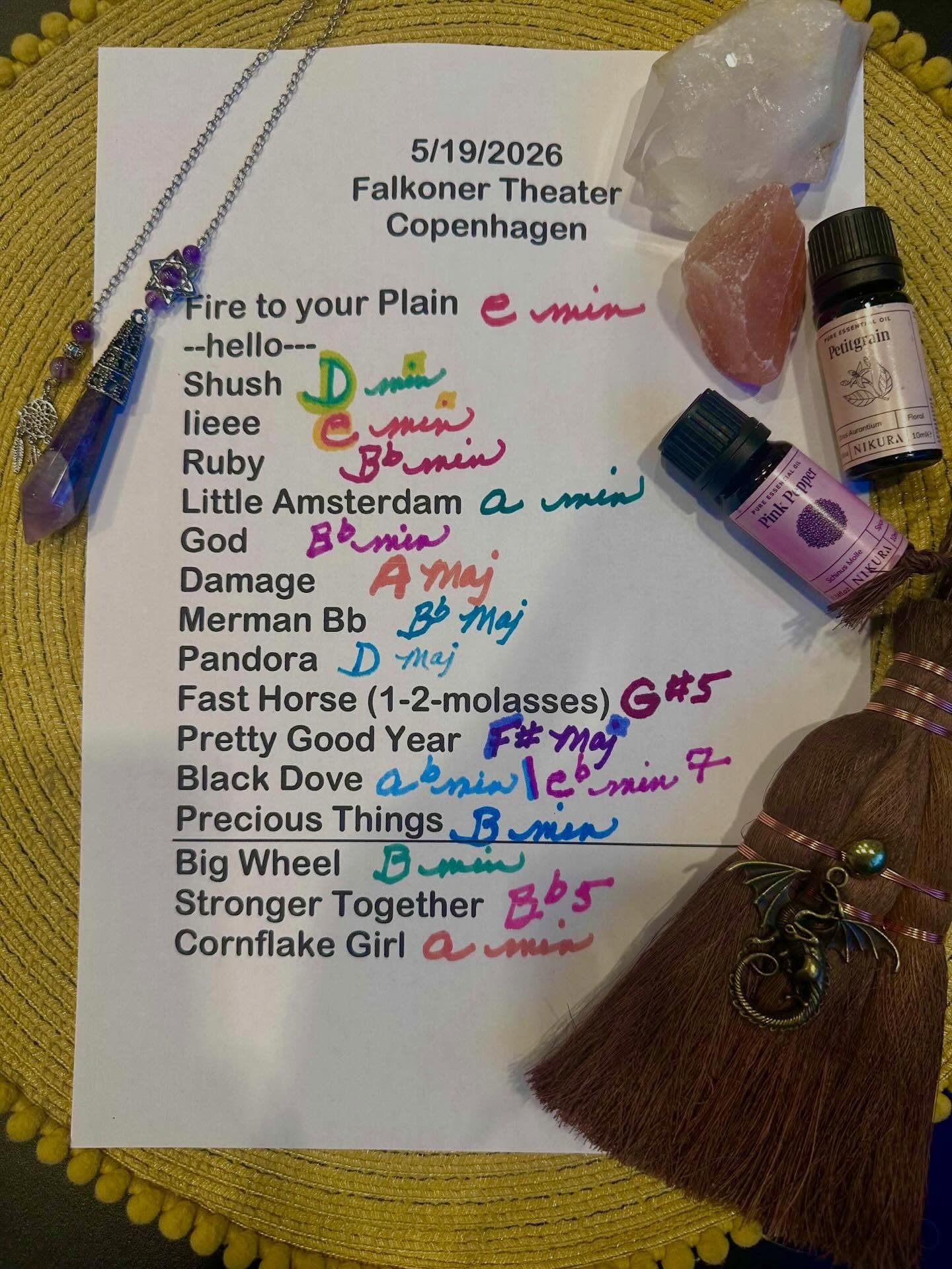 Handwritten setlist for Falkoner, May 19, 2026