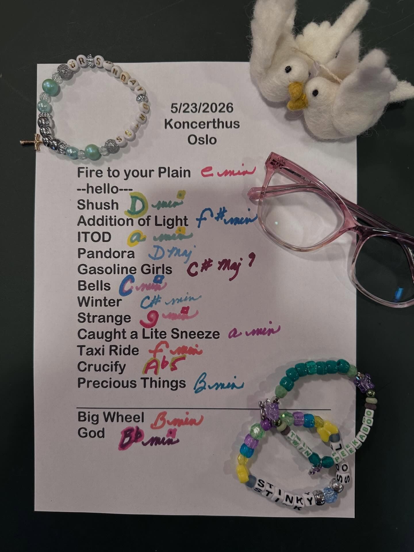 Handwritten setlist for Concert House, May 23, 2026