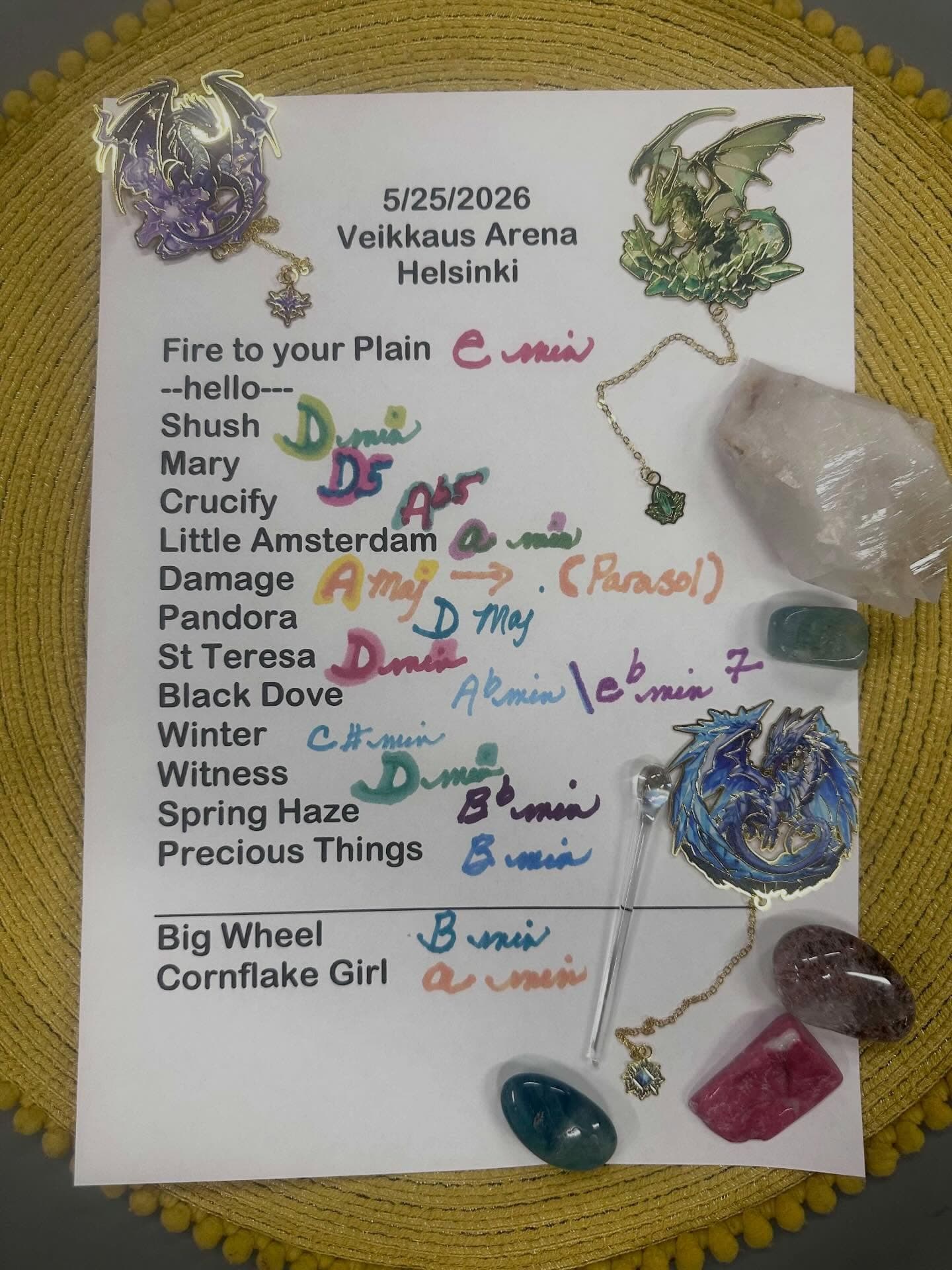 Handwritten setlist for Veikkaus Arena, May 25, 2026