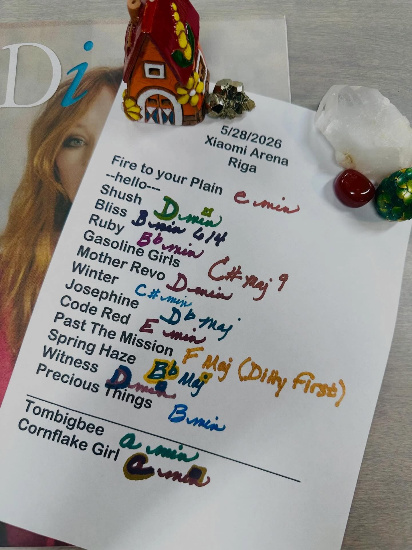 Handwritten setlist for Arena, May 28, 2026