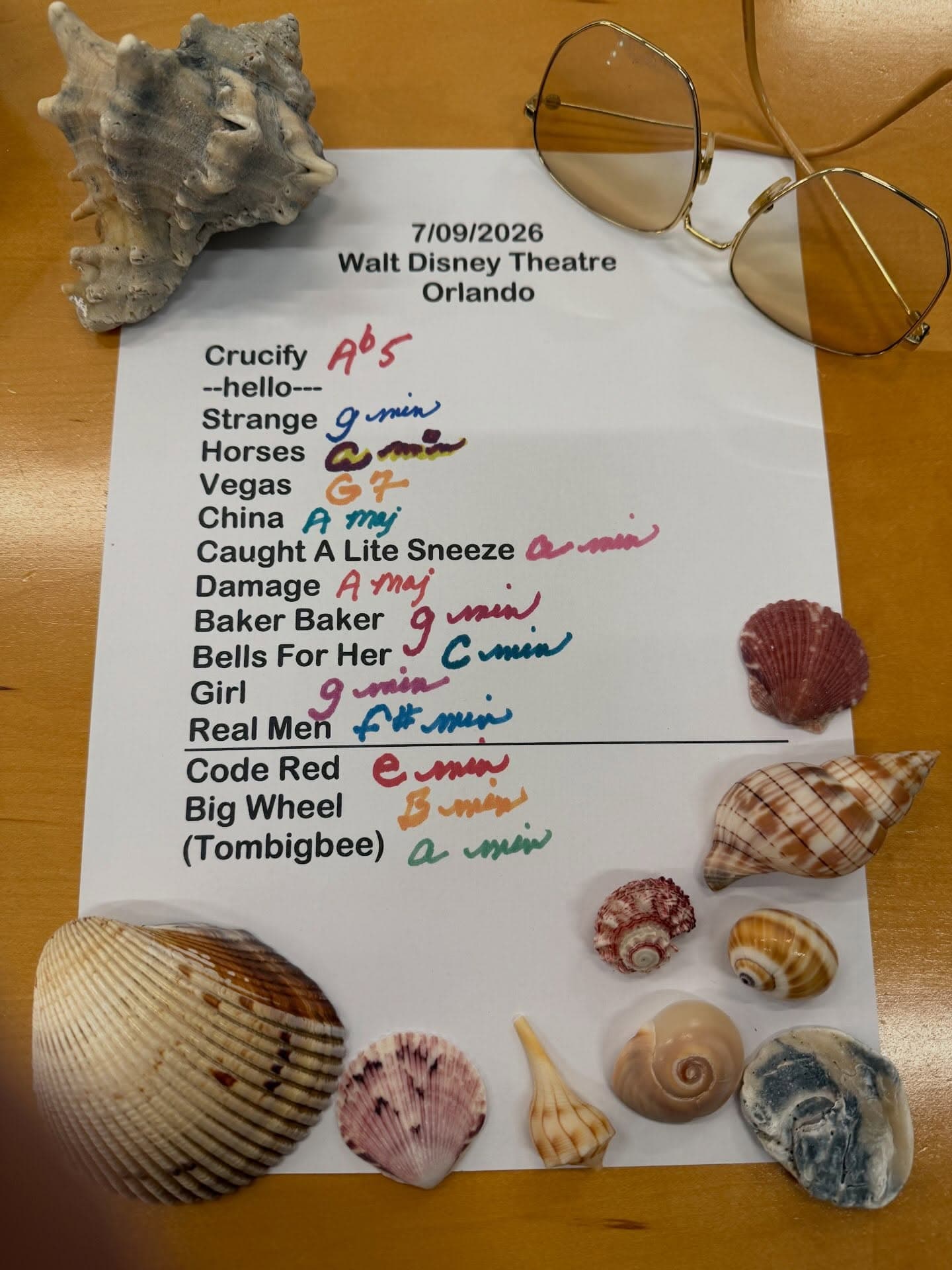 Handwritten setlist for Walt Disney Theater at Dr. Phillips Center for Performing Arts, July 9, 2026