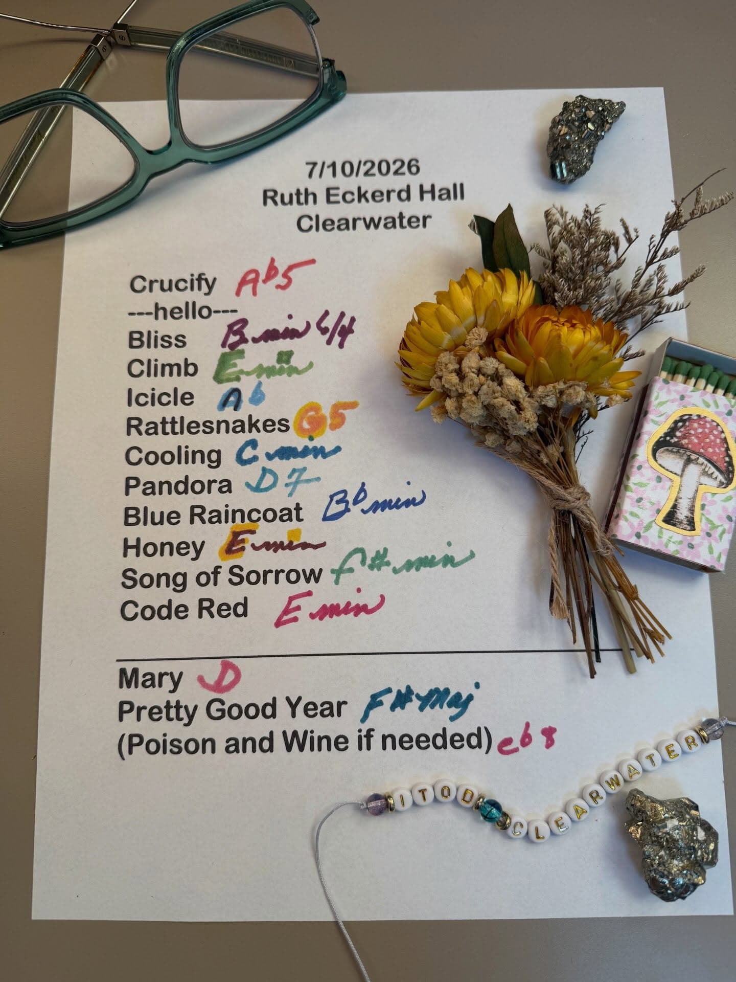 Handwritten setlist for Ruth Eckerd Hall, July 10, 2026