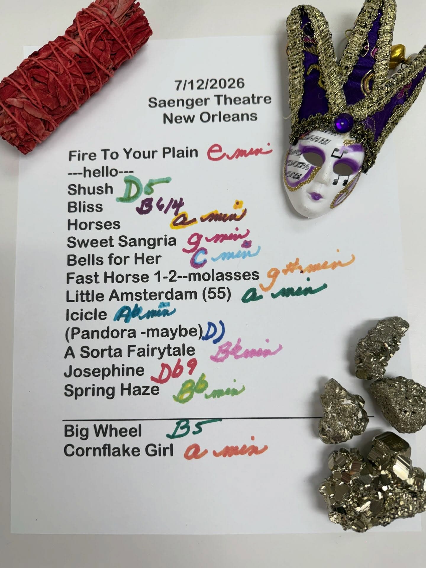 Handwritten setlist for Saenger Theatre, July 12, 2026