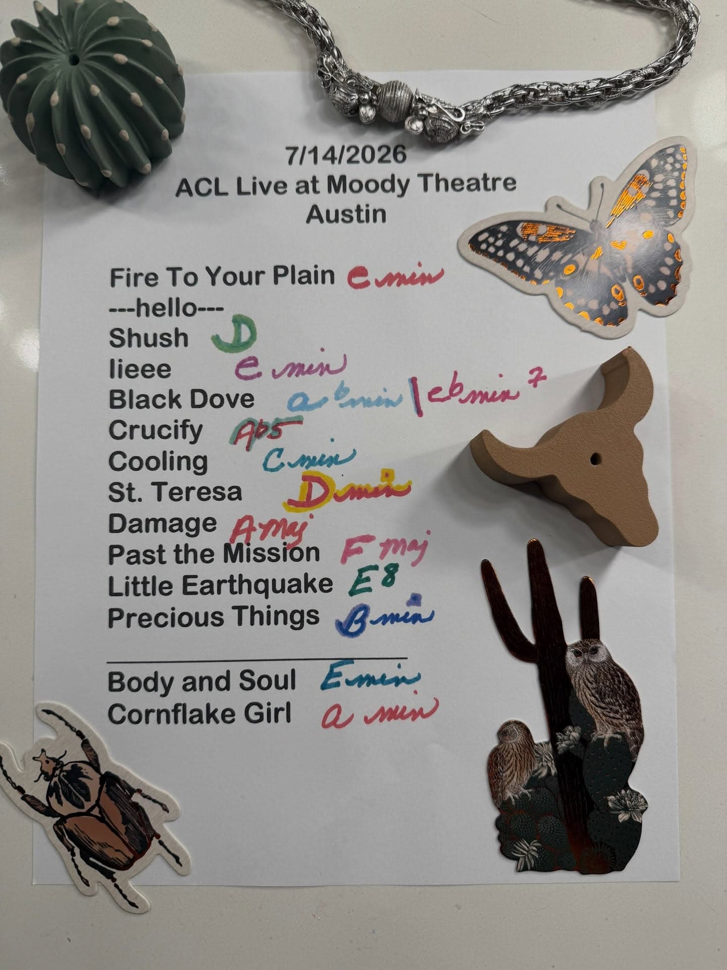 Handwritten setlist for ACL Live at The Moody Theater, July 14, 2026