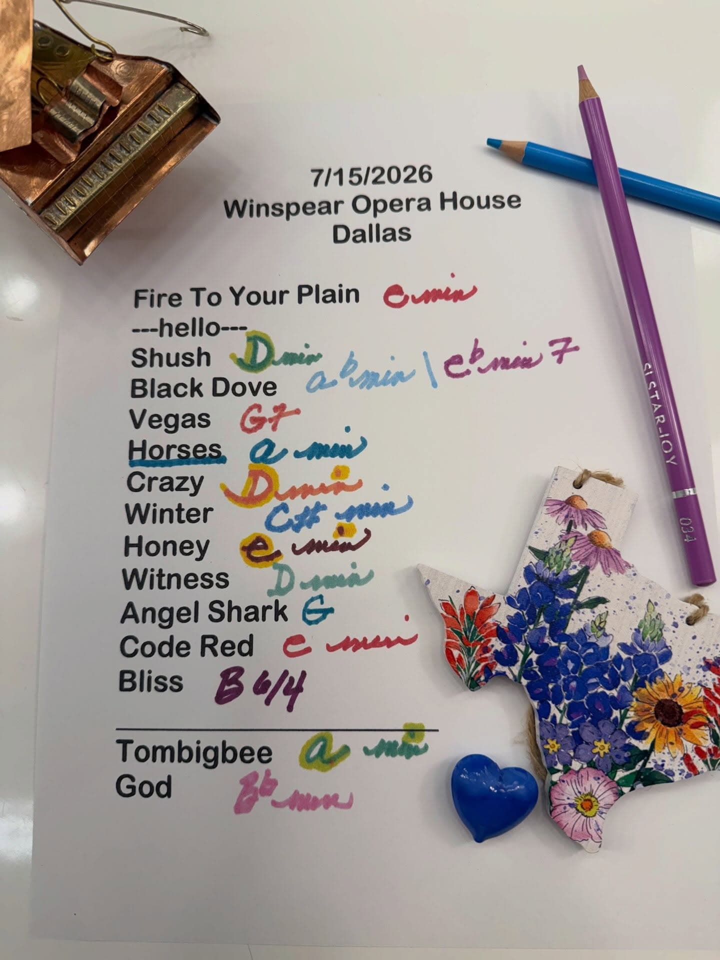 Handwritten setlist for AT&T Performing Arts Center - Winspear Opera House, July 15, 2026