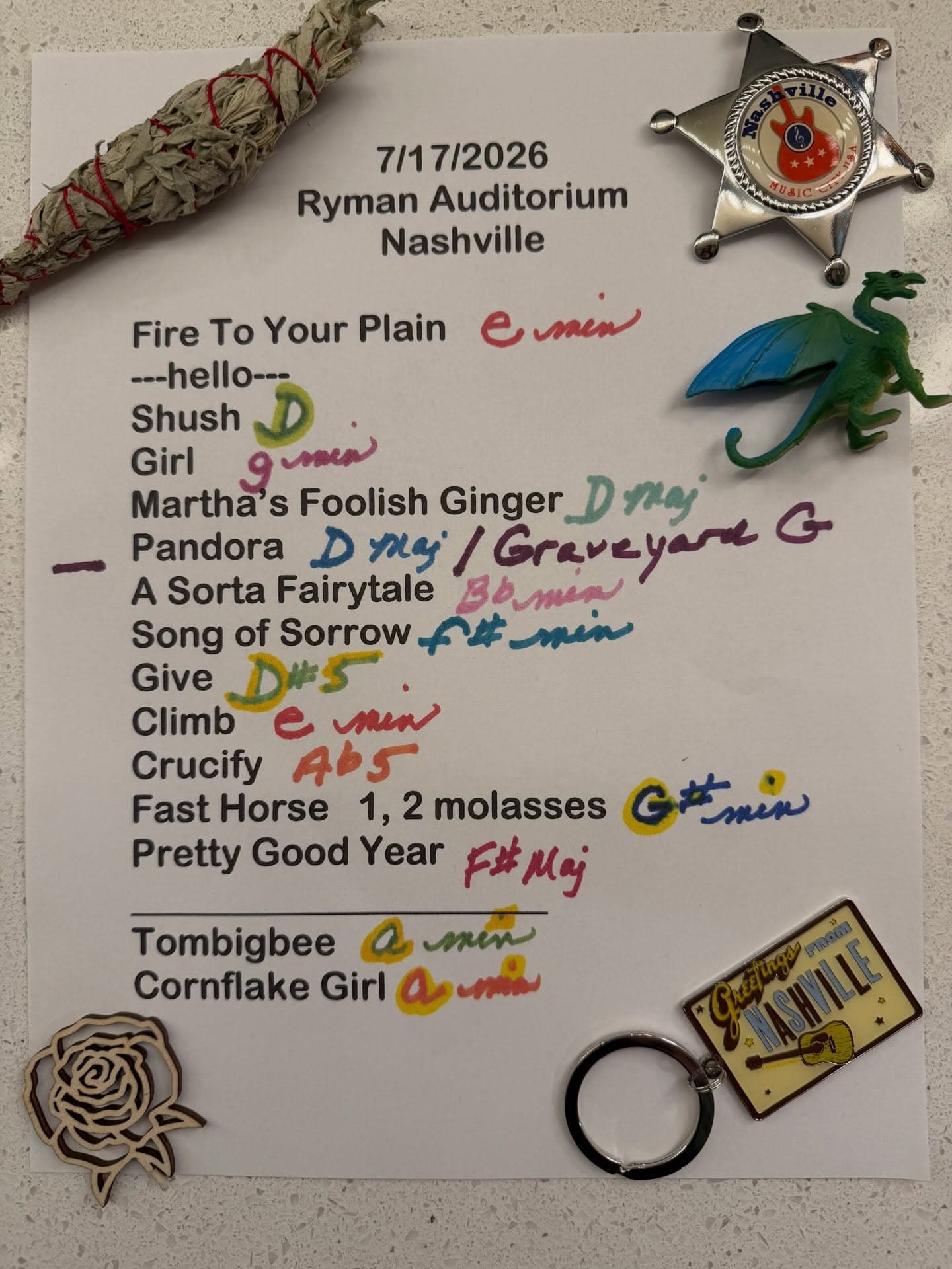 Handwritten setlist for Ryman Auditorium, July 17, 2026