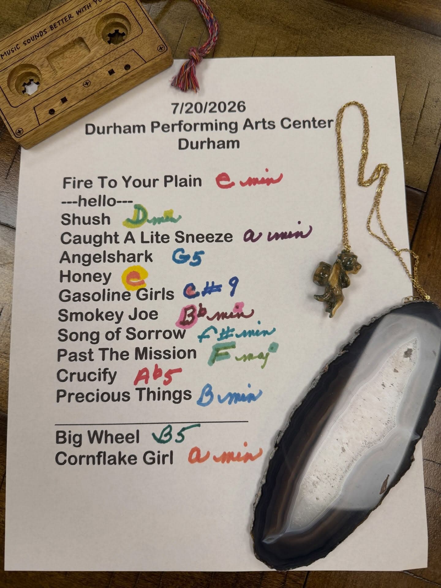 Handwritten setlist for DPAC, July 20, 2026