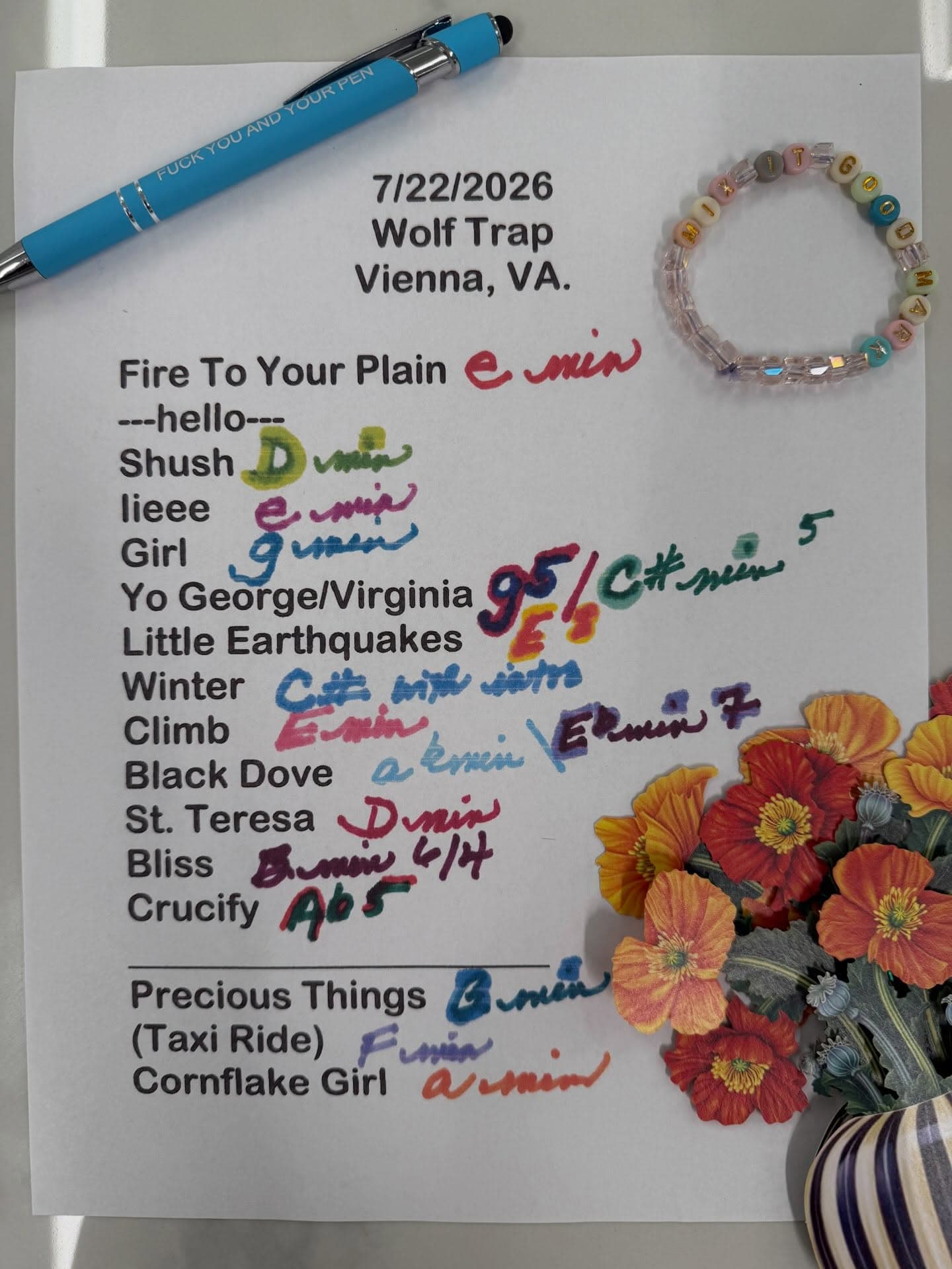 Handwritten setlist for Wolf Trap, July 22, 2026