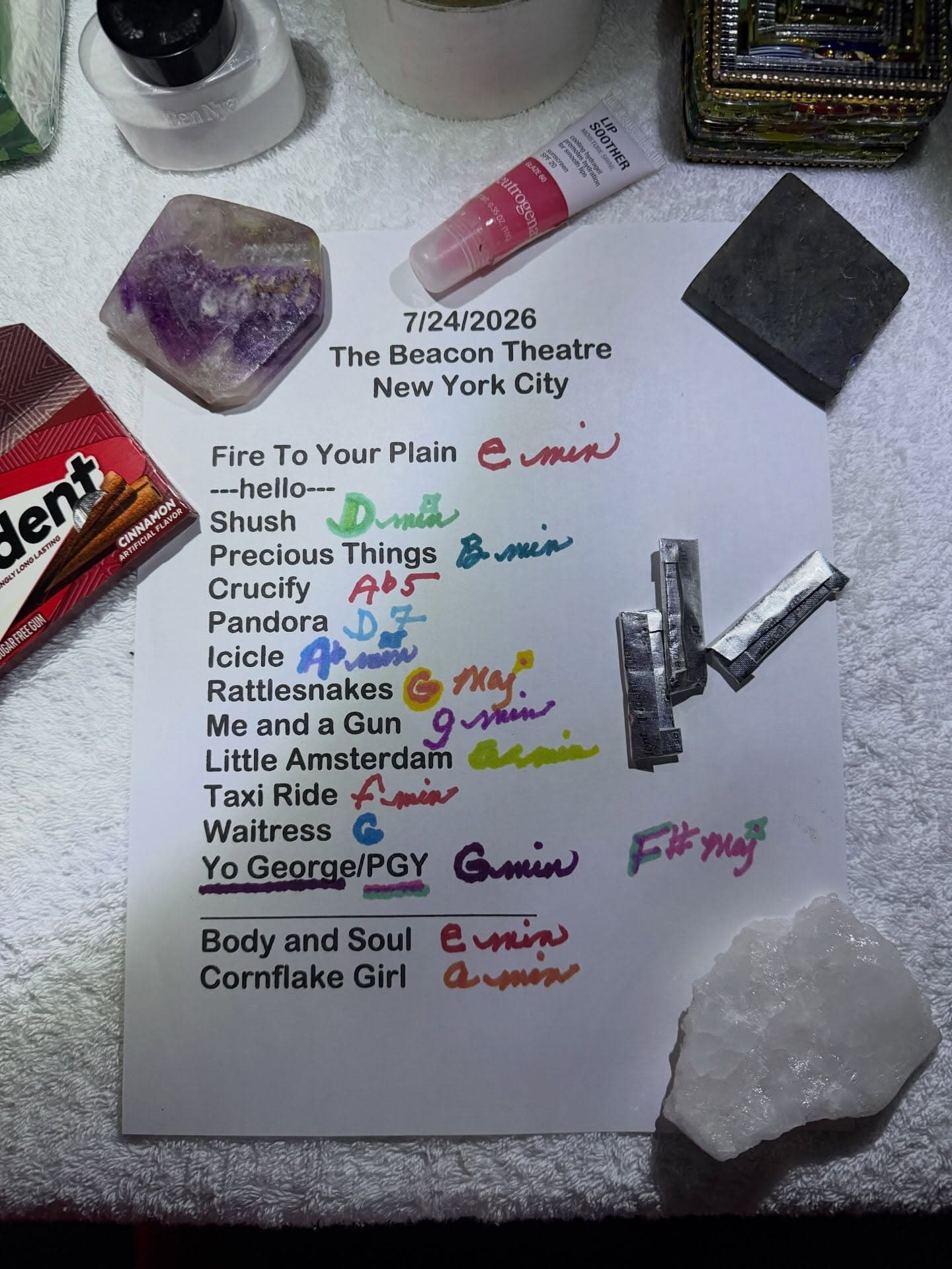 Handwritten setlist for Beacon Theatre, July 24, 2026