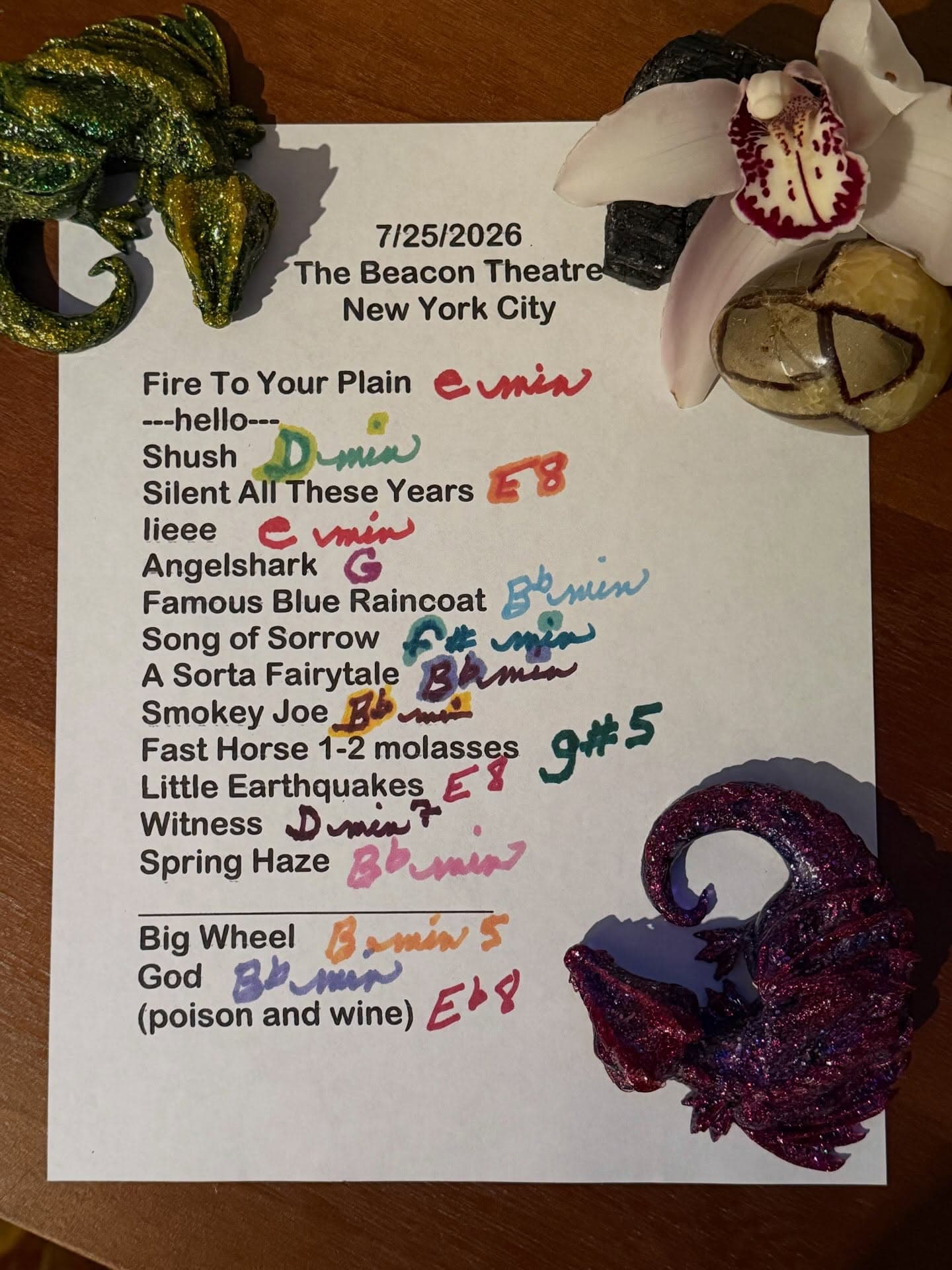 Handwritten setlist for Beacon Theatre, July 25, 2026