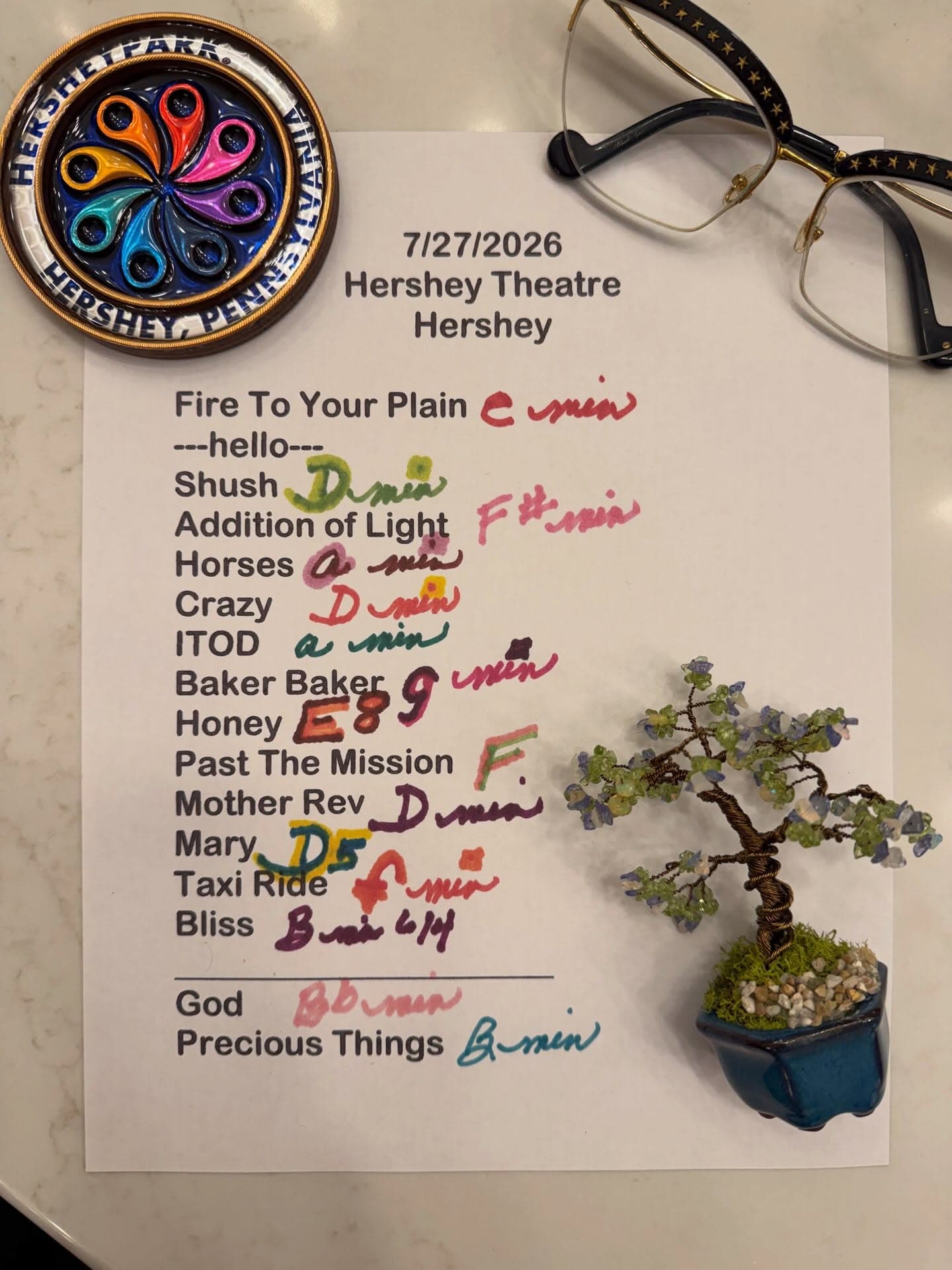 Handwritten setlist for Hershey Theatre, July 27, 2026