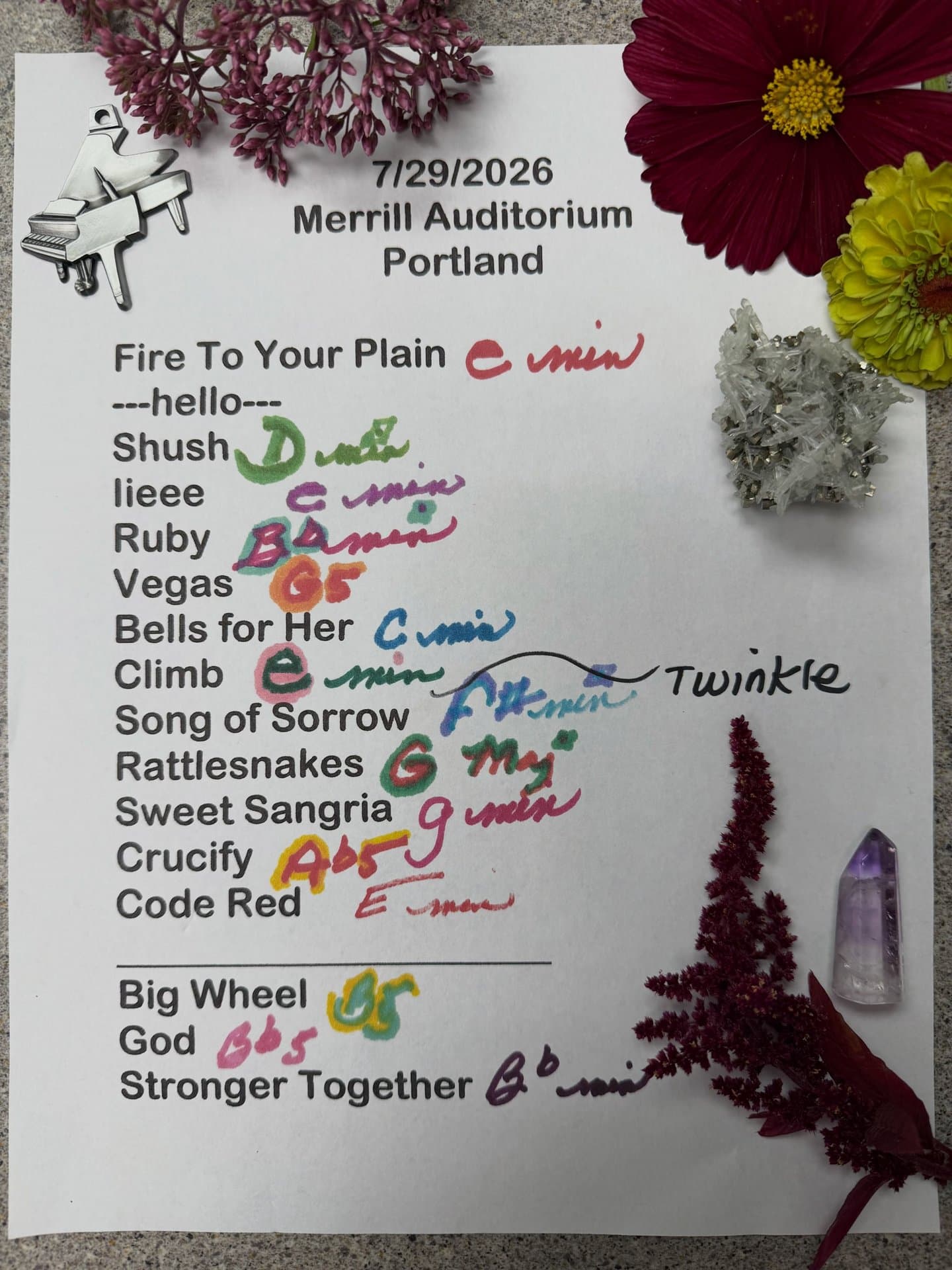 Handwritten setlist for Merrill Auditorium, July 29, 2026