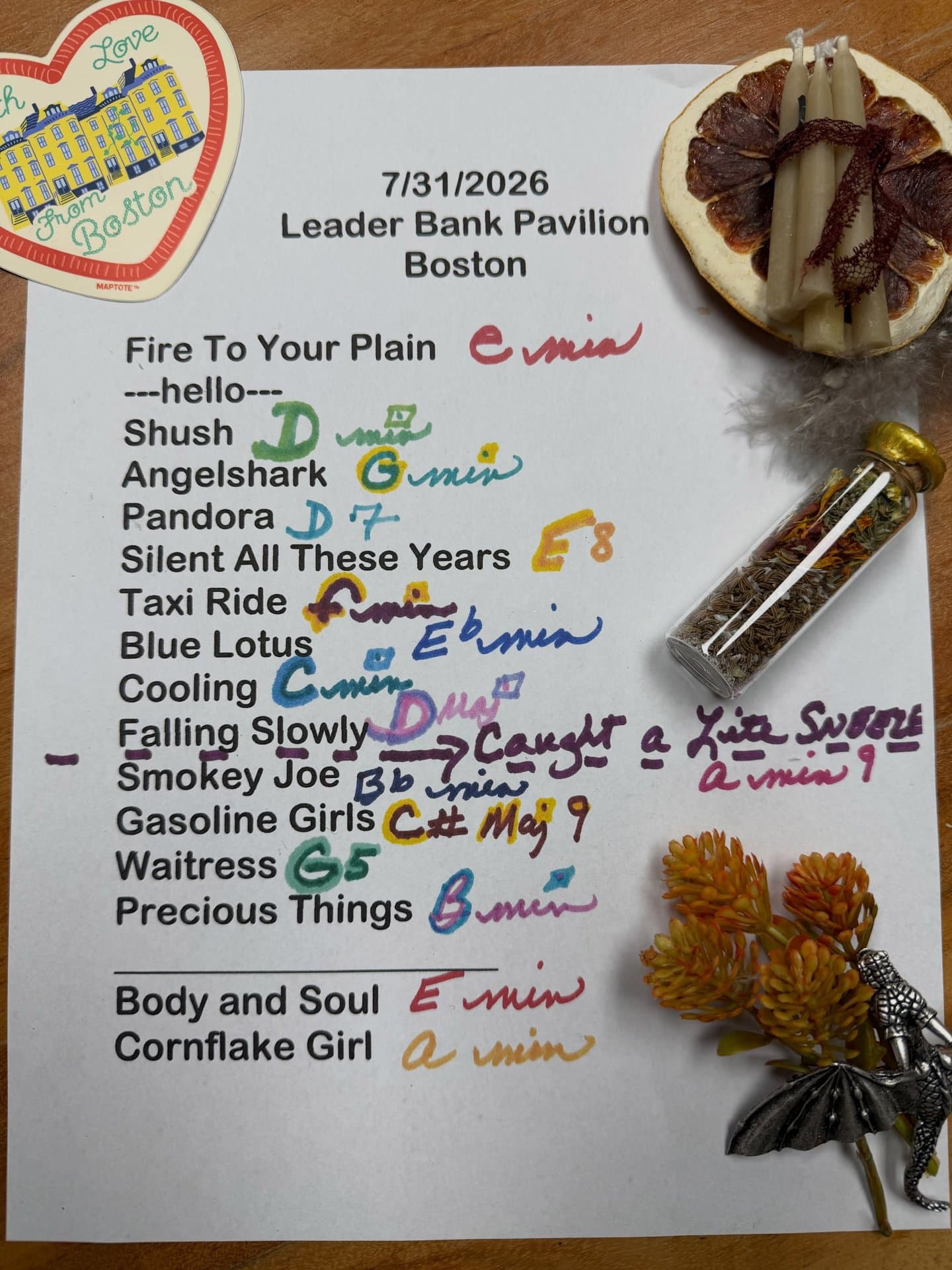 Handwritten setlist for Leader Bank Pavilion, July 31, 2026