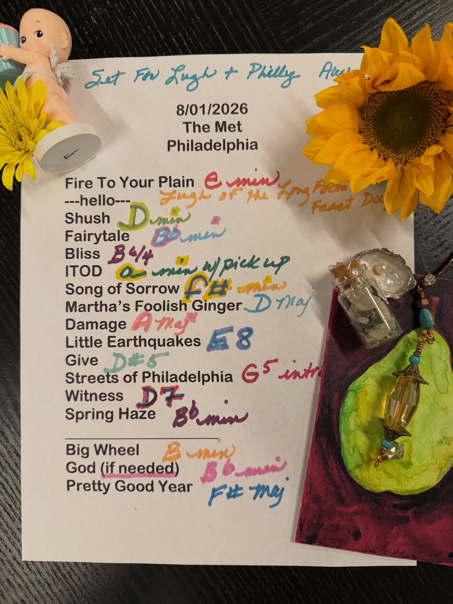 Handwritten setlist for The Met Philadelphia, August 1, 2026