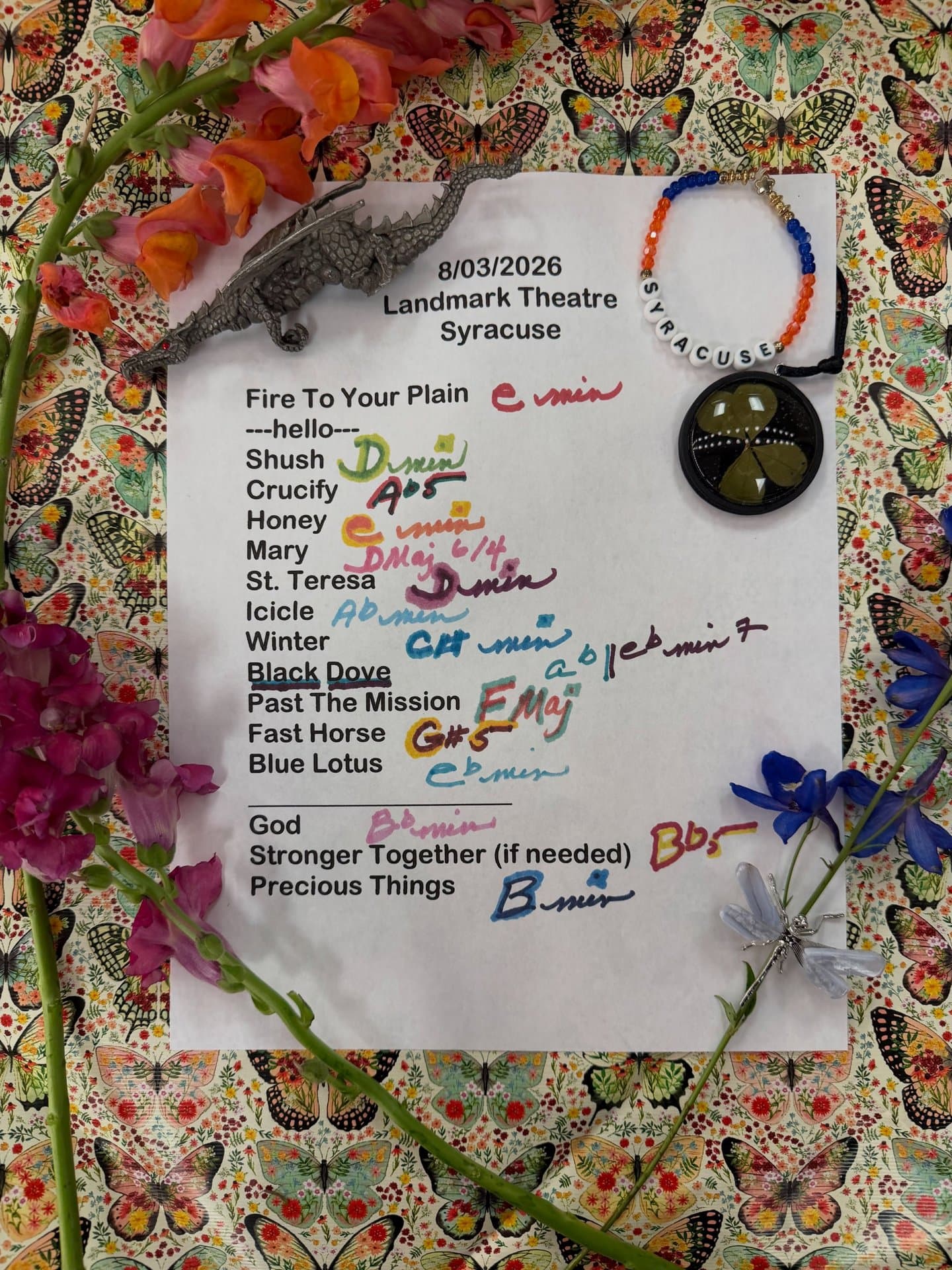 Handwritten setlist for Landmark Theatre, August 3, 2026