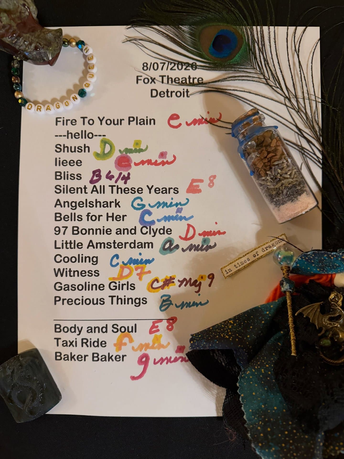 Handwritten setlist for Fox Theatre, August 7, 2026
