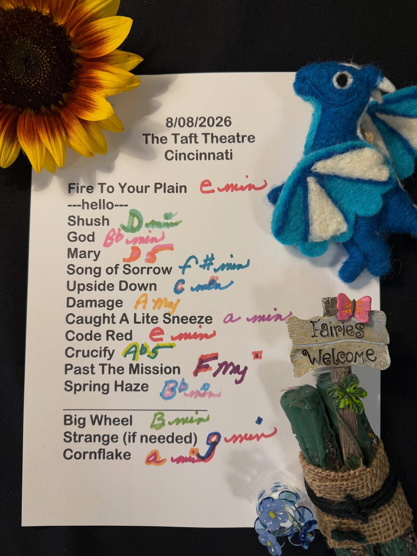 Handwritten setlist for Taft Theatre, August 8, 2026