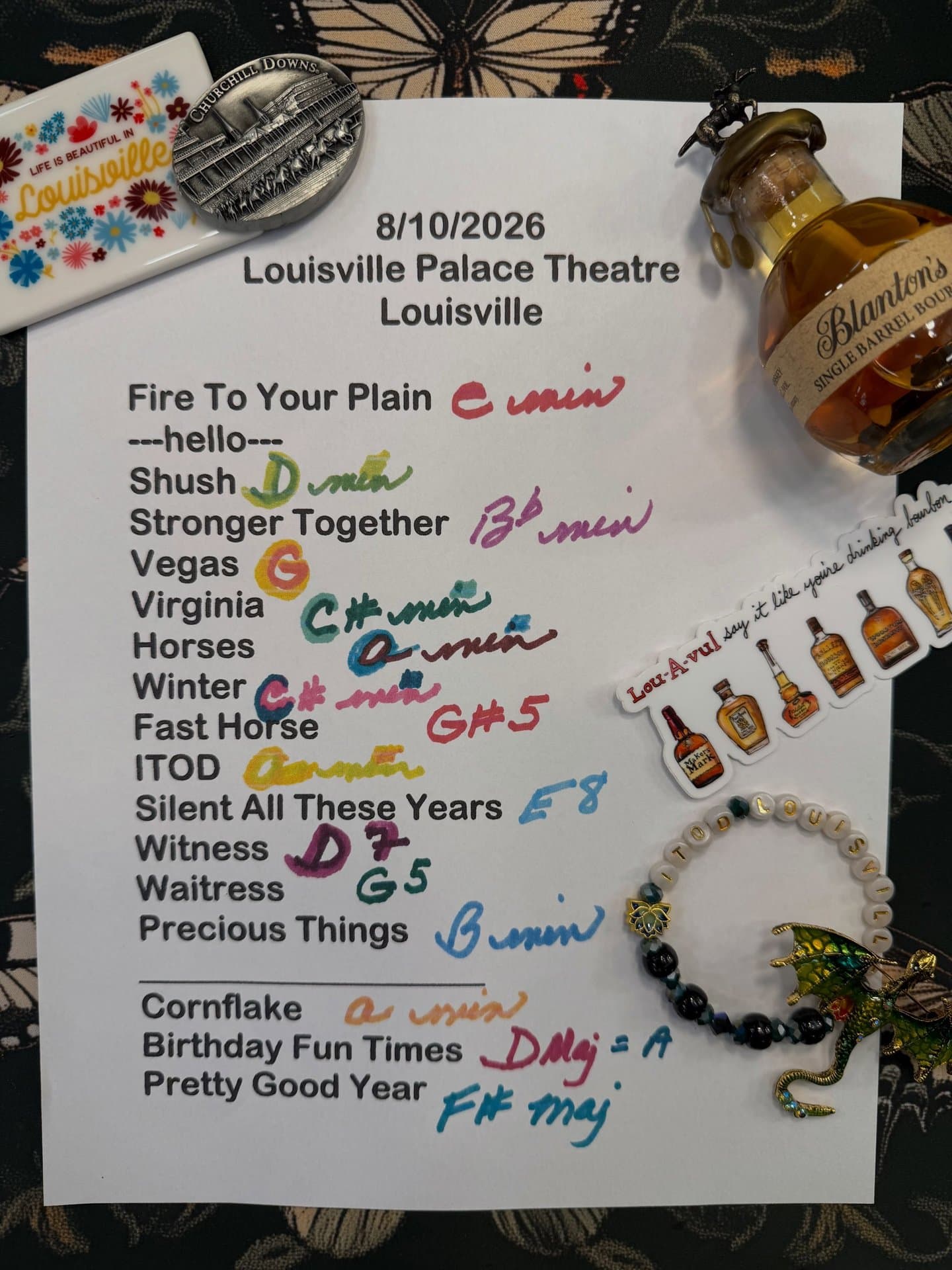Handwritten setlist for The Louisville Palace Theatre, August 10, 2026