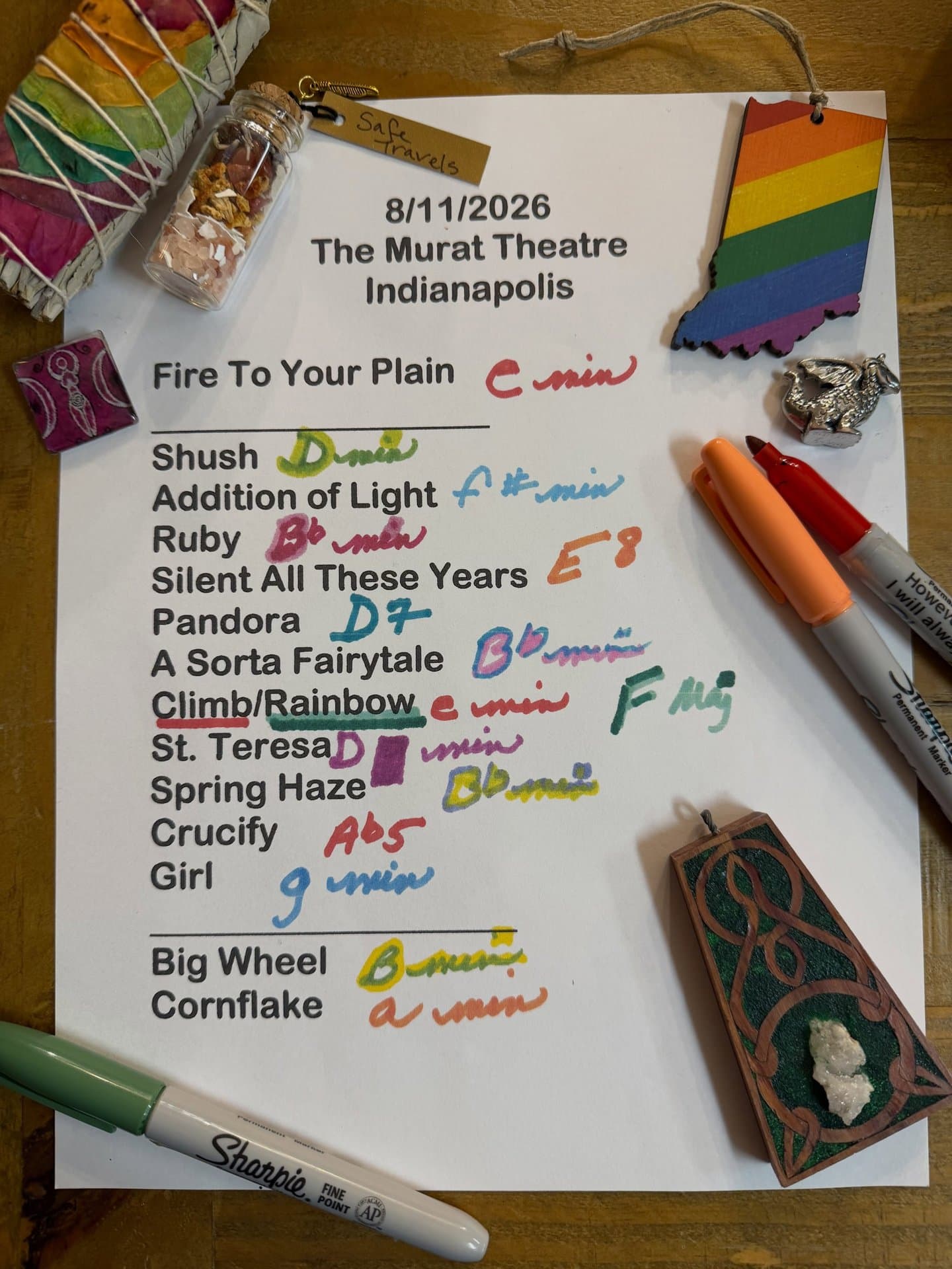 Handwritten setlist for Murat Theatre at Old National Centre, August 11, 2026