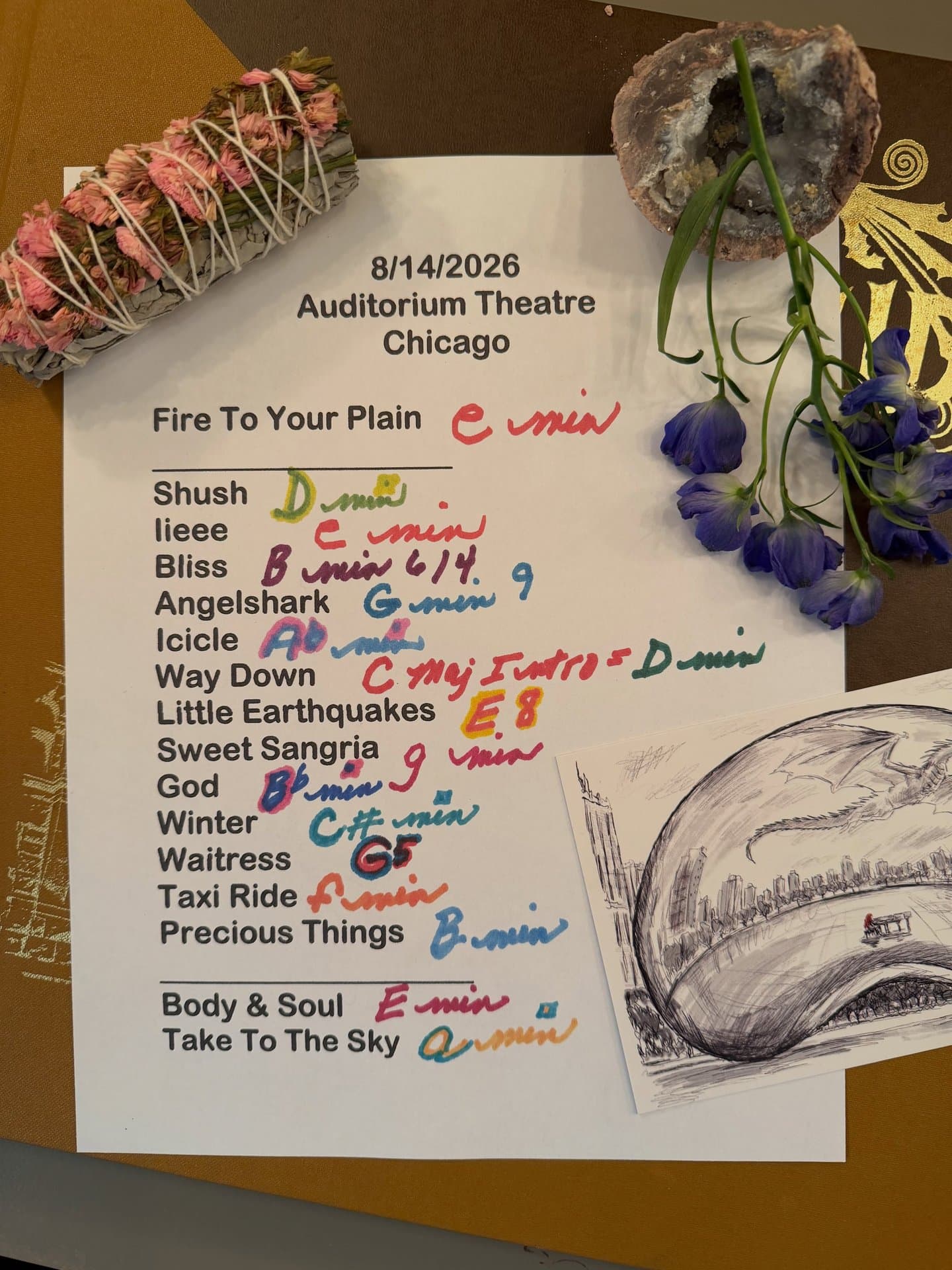 Handwritten setlist for The Auditorium, August 14, 2026