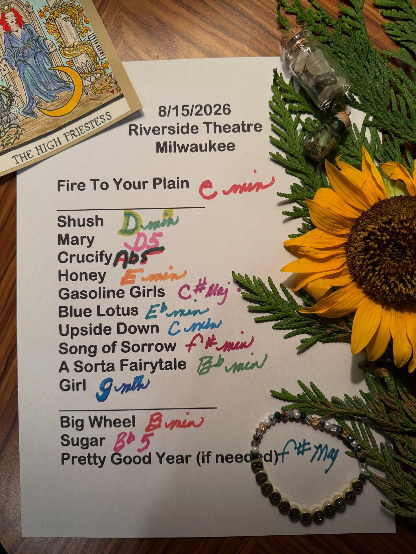 Handwritten setlist for The Riverside Theater, August 15, 2026