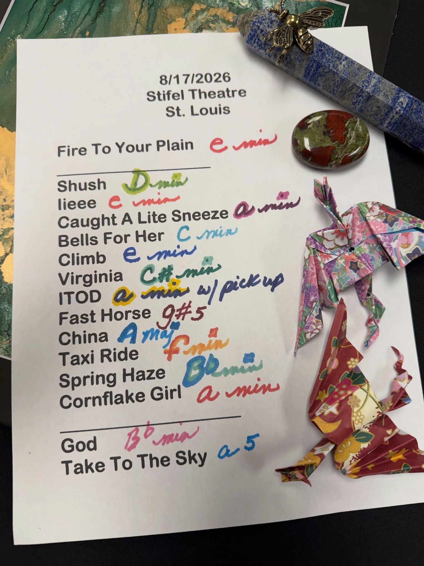 Handwritten setlist for Stifel Theatre, August 17, 2026