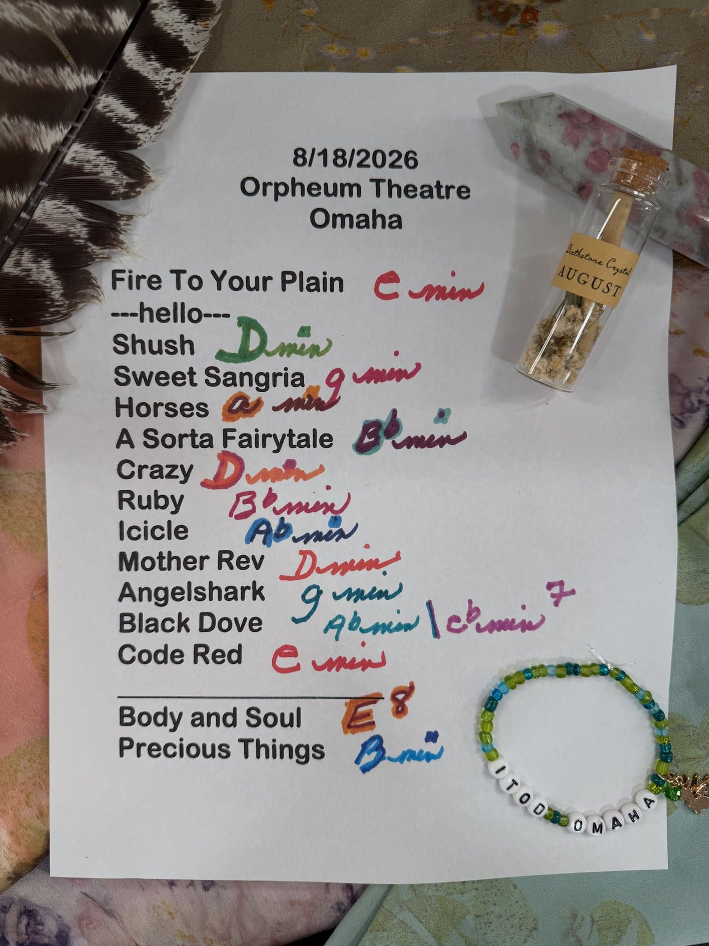 Handwritten setlist for Orpheum Theater, August 18, 2026