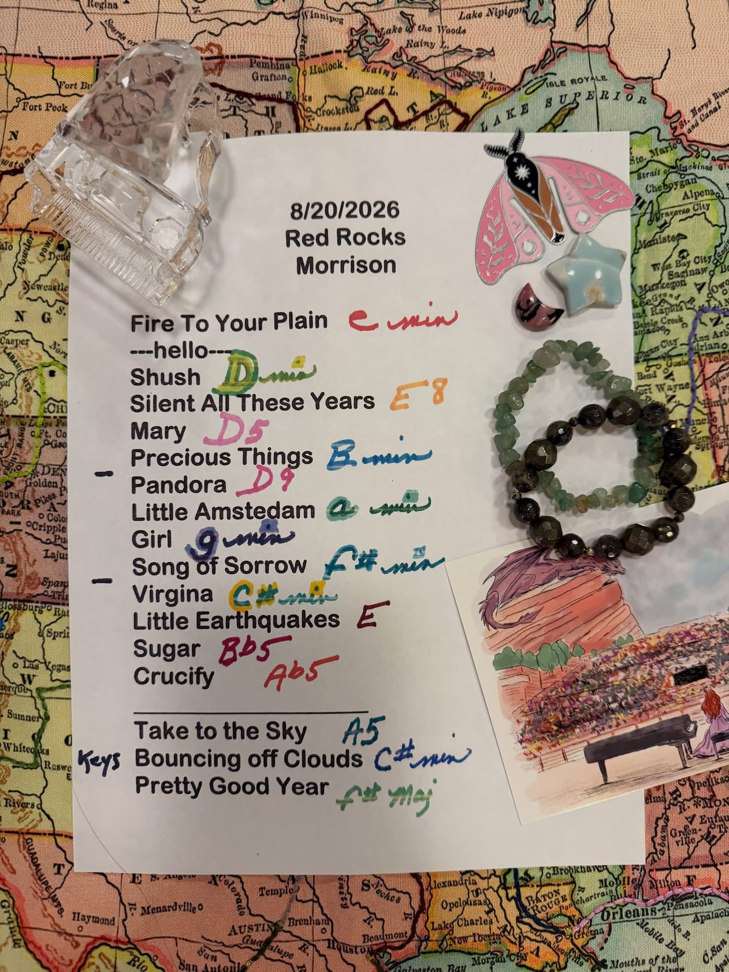 Handwritten setlist for Red Rocks Amphitheatre, August 20, 2026