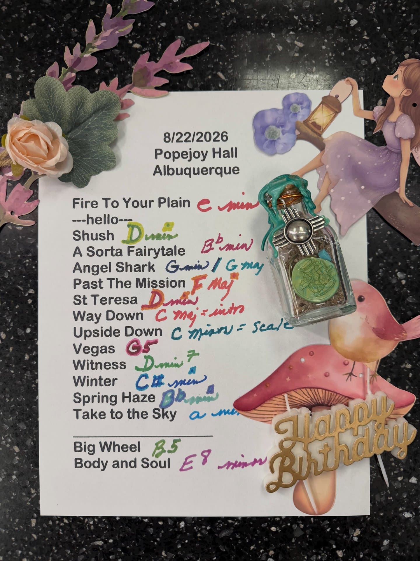 Handwritten setlist for Popejoy Hall, August 22, 2026