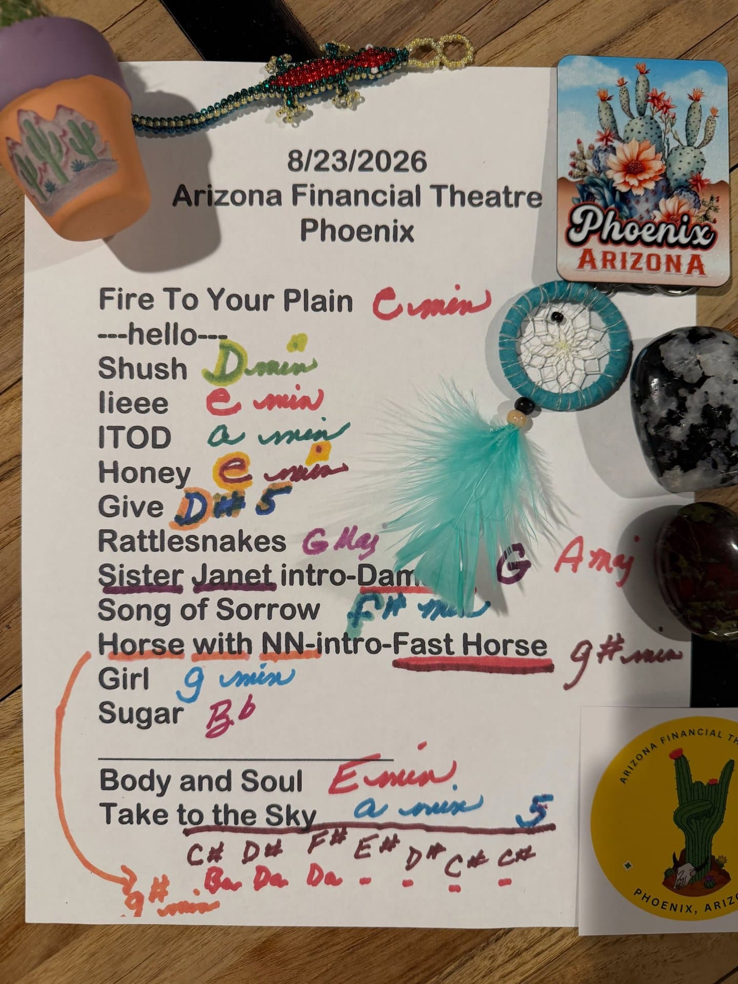 Handwritten setlist for Arizona Financial Theatre, August 23, 2026