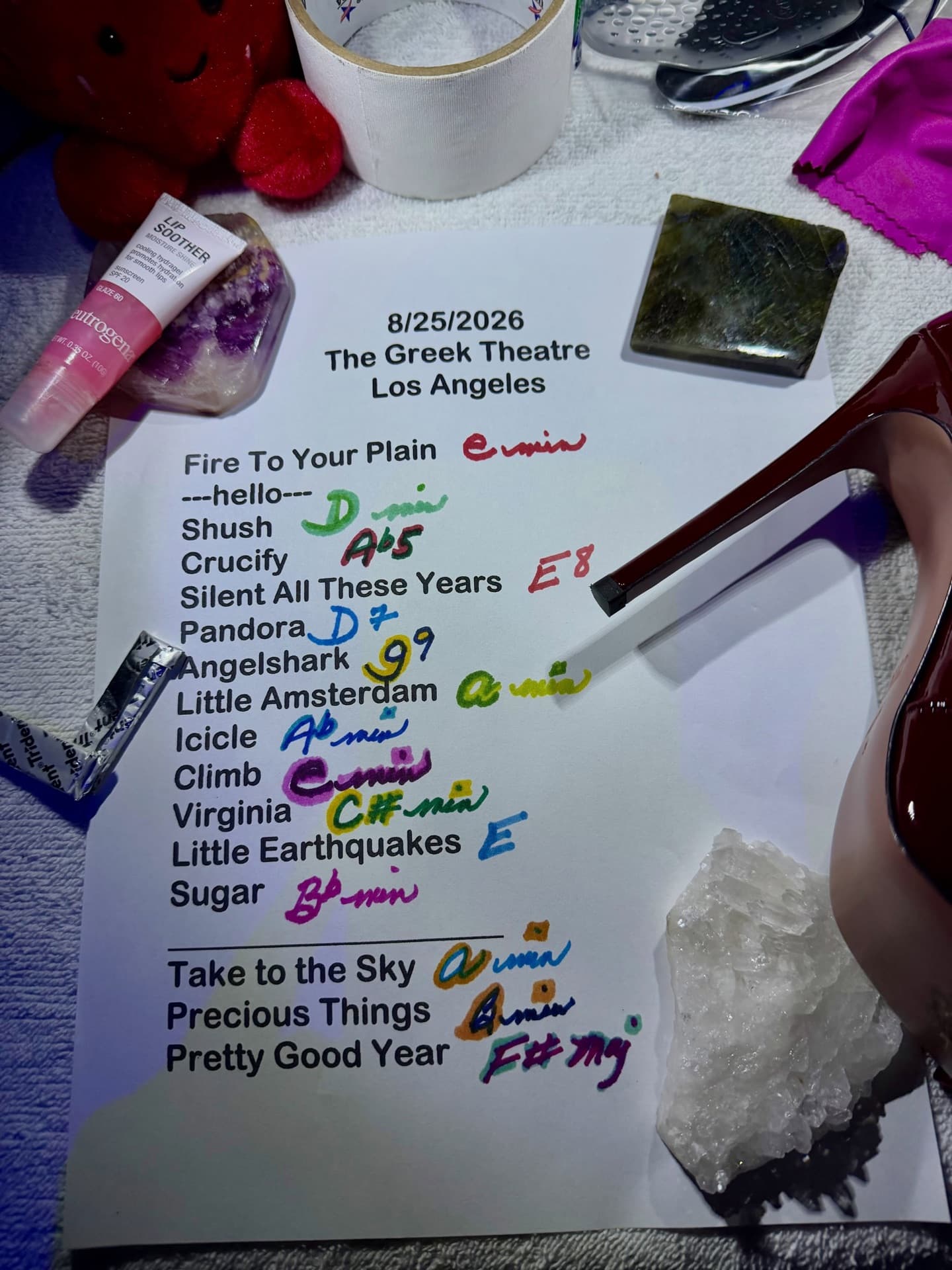 Handwritten setlist for The Greek Theatre, August 25, 2026