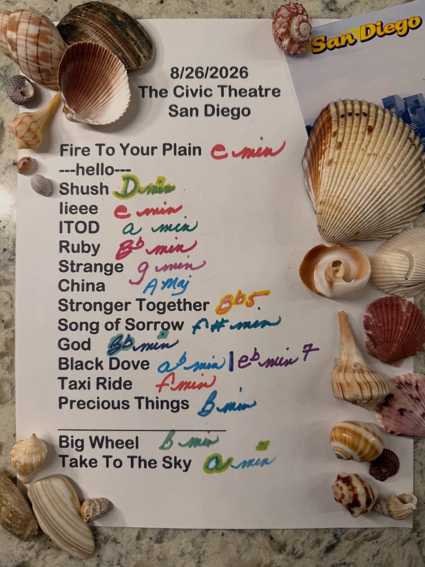 Handwritten setlist for San Diego Civic Theatre, August 26, 2026
