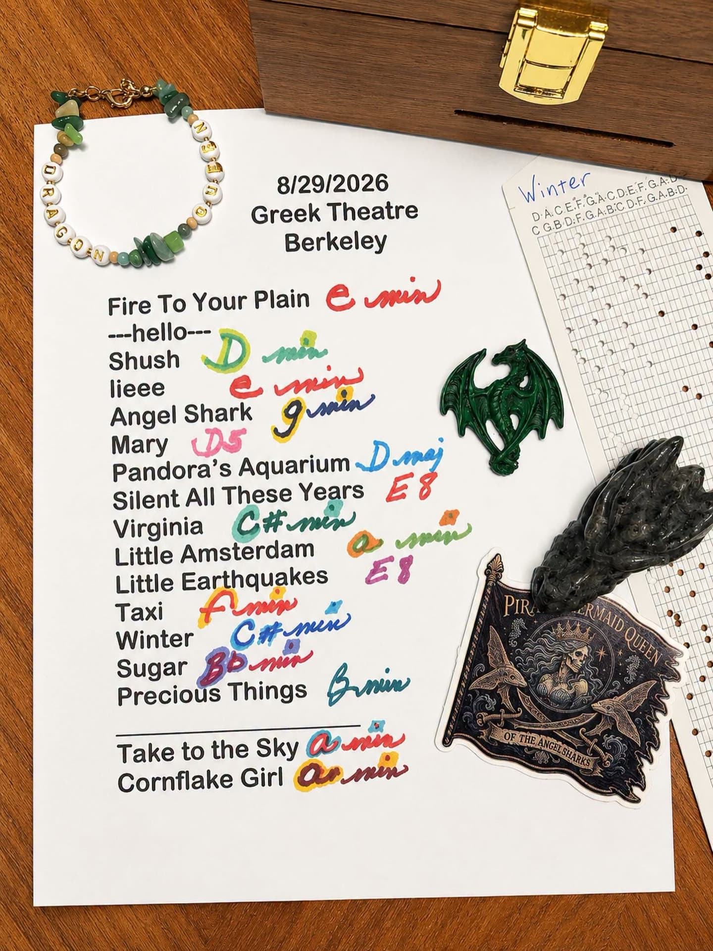 Handwritten setlist for The Greek Theatre, August 29, 2026