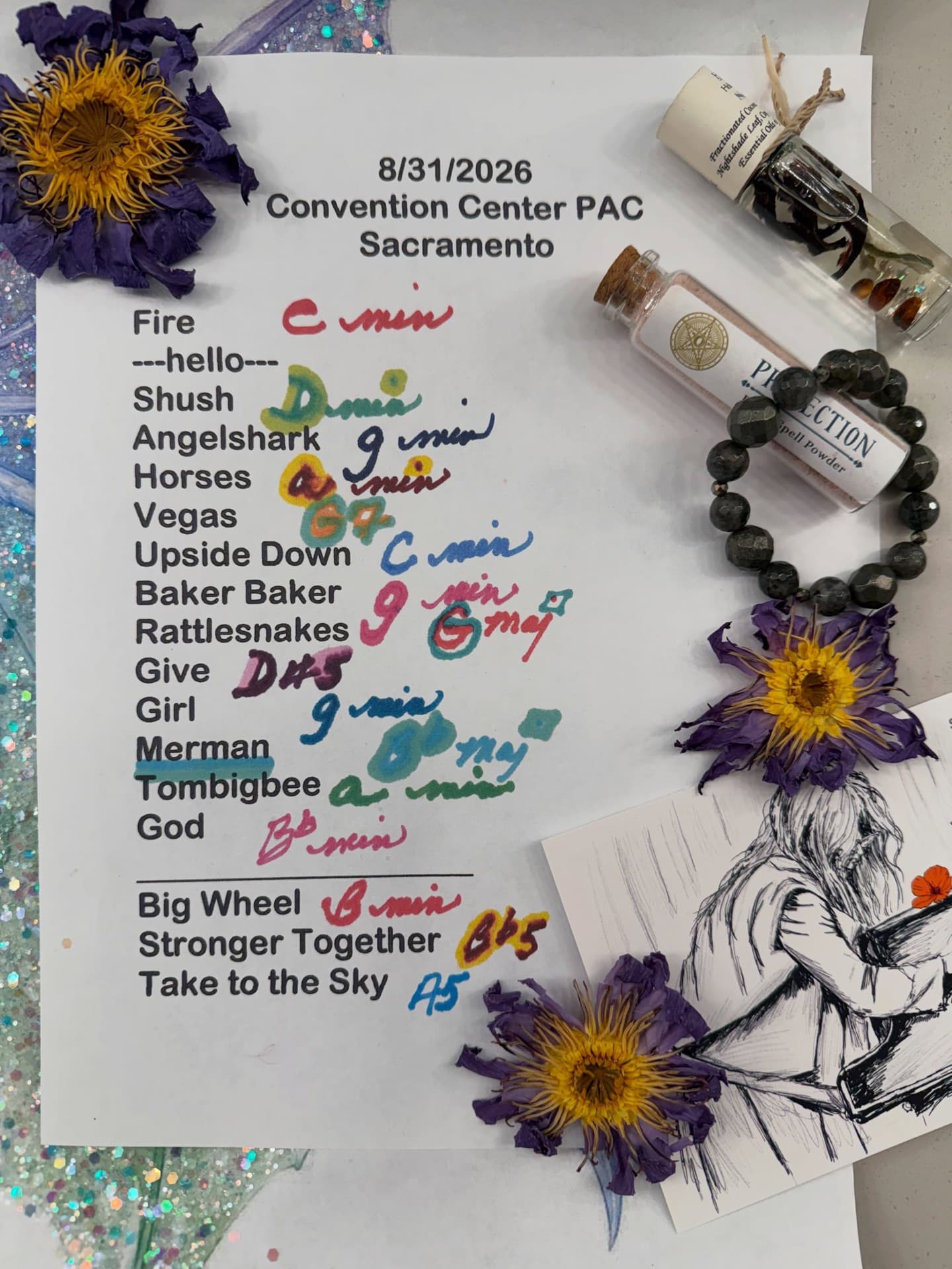 Handwritten setlist for SAFE Credit Union Performing Arts Center, August 31, 2026