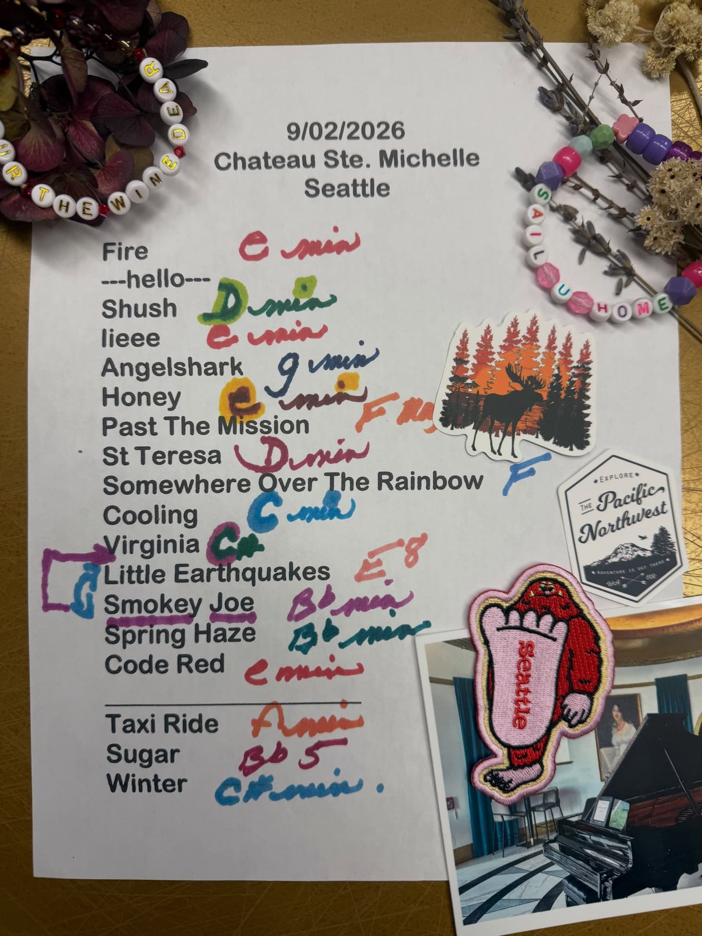 Handwritten setlist for Chateau Ste. Michelle Winery (Woodinville), September 2, 2026